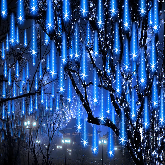 Christmas Lights Outdoor Meteor Shower Lights 24-Tube 576LEDs Snow Falling Rain Cascading Icicle Light for Xmas Tree Christmas Decorations Wedding Party Holiday Garden Decor, UL Plug Blue