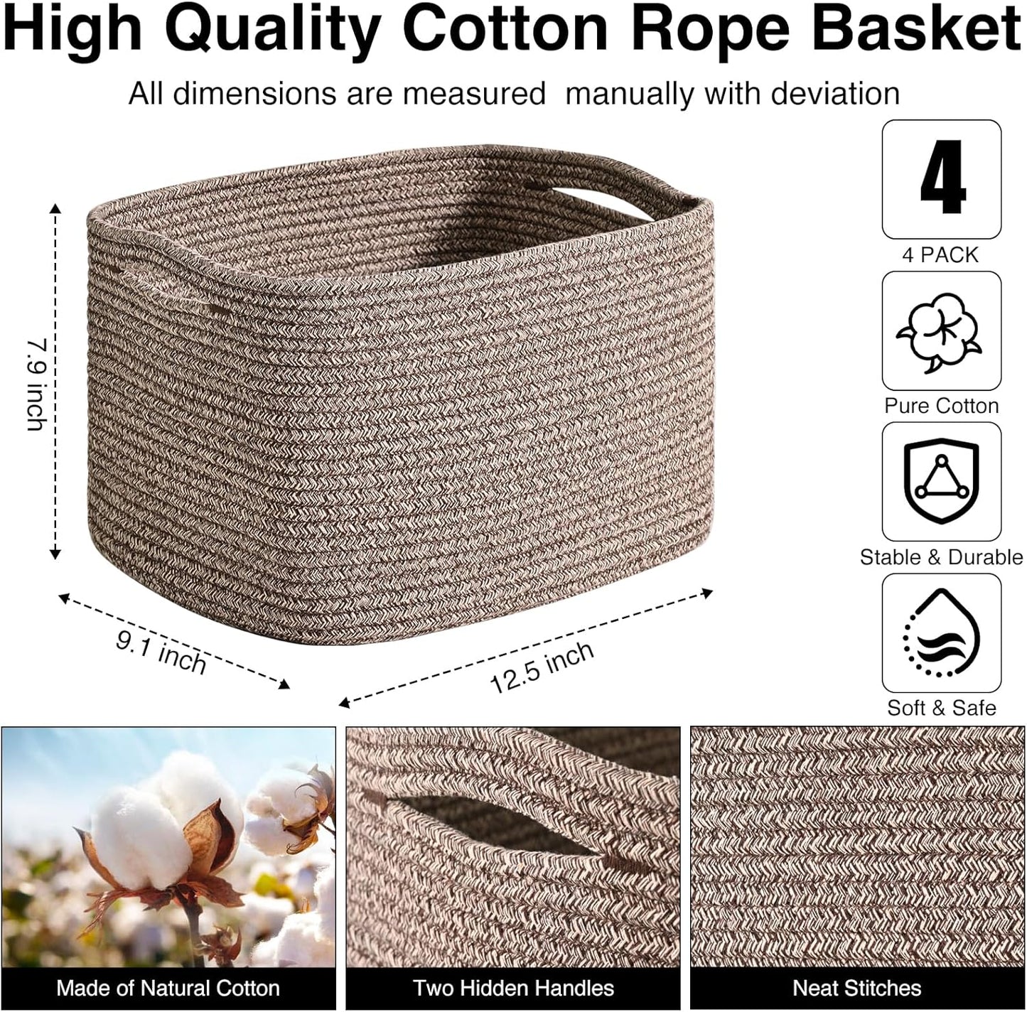 Storage Baskets for Shelves Organizing, Woven Cotton Rope Baskets for Storage, Book Basket, Decorative Shelf Basket, 12.5"Lx9.1''Wx7.9''H (4 Packs) Dark Brown