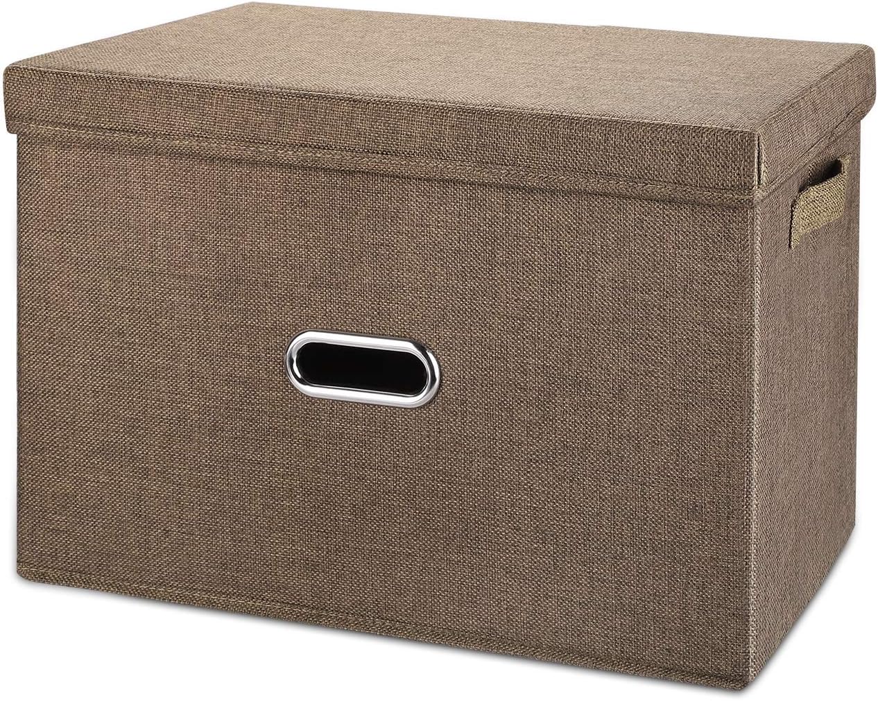 Linen Fabric Collapsible Storage Bins with Removable Lids and Handles, Washable Storage Box Containers Baskets Cube with Cover for Bedroom,Closet,Office,Living Room,Nursery (Coffee, Small)