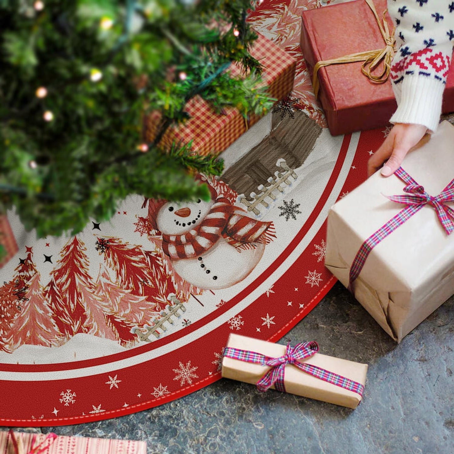 AVOIN colorlife Snowflake Snowman Cardinal Christmas Tree Skirt 48 Inch, Winter Holiday Tree Mat Decoration Red