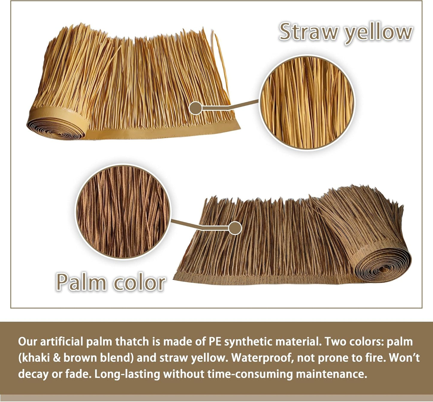 Premium Mexican Style Artificial Palm Thatch Roof Rolls. 5 Lengths, 2 Colors. Waterproof. Easy Install. Ideal for Tiki Bars, Parties, Gardens & Fences (15ft x 16in - Straw Yellow)