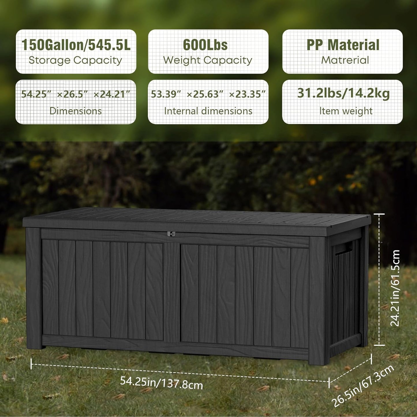 150 Gallon Lockable Resin Deck Box, Waterproof & UV-Resistant Outdoor Storage Box for Outdoor Cushion Storage, Garden Tools & Pool Accessories Storage, Black