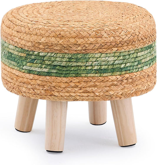 Handwoven Round Ottoman, Natural Water Hyacinth Outdoor Patio Pouf Seagrass Low Stool with Wood Legs, Soft Padded Footrest for Living Room Bedroom Garden, Green