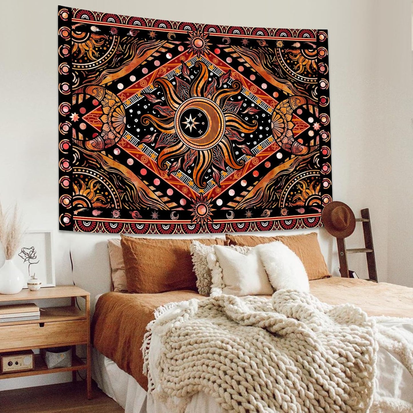 Lunerfex Hippie Sun and Moon Tapestry Bohemian Celestial Tapestry Aesthetic Tapestries for Bedroom and Living Room Decor Sun and Moon 60×80 Inches