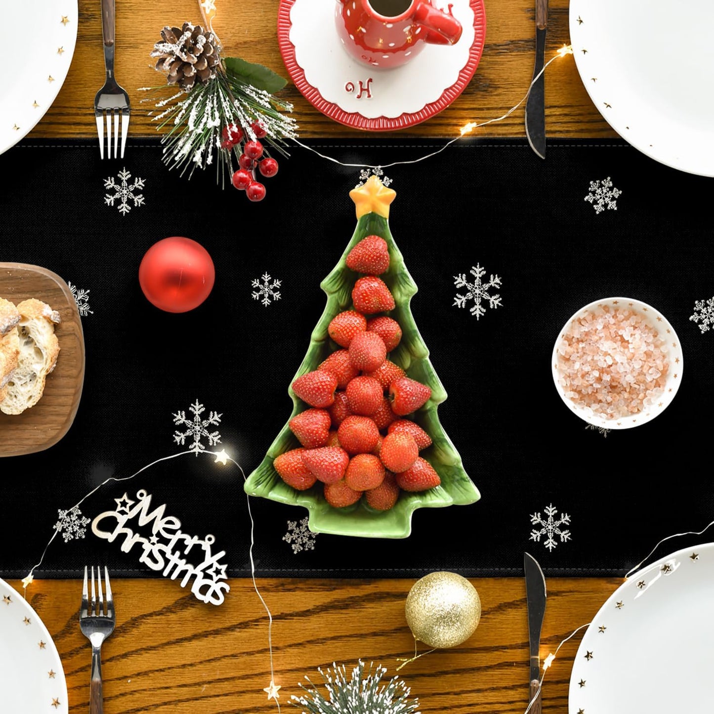 Artoid Mode Xmas Trees Snowflakes Black Merry Christmas Table Runner, Winter Seasonal Kitchen Dining Table Decoration for Home Party Decor 13x60 Inch