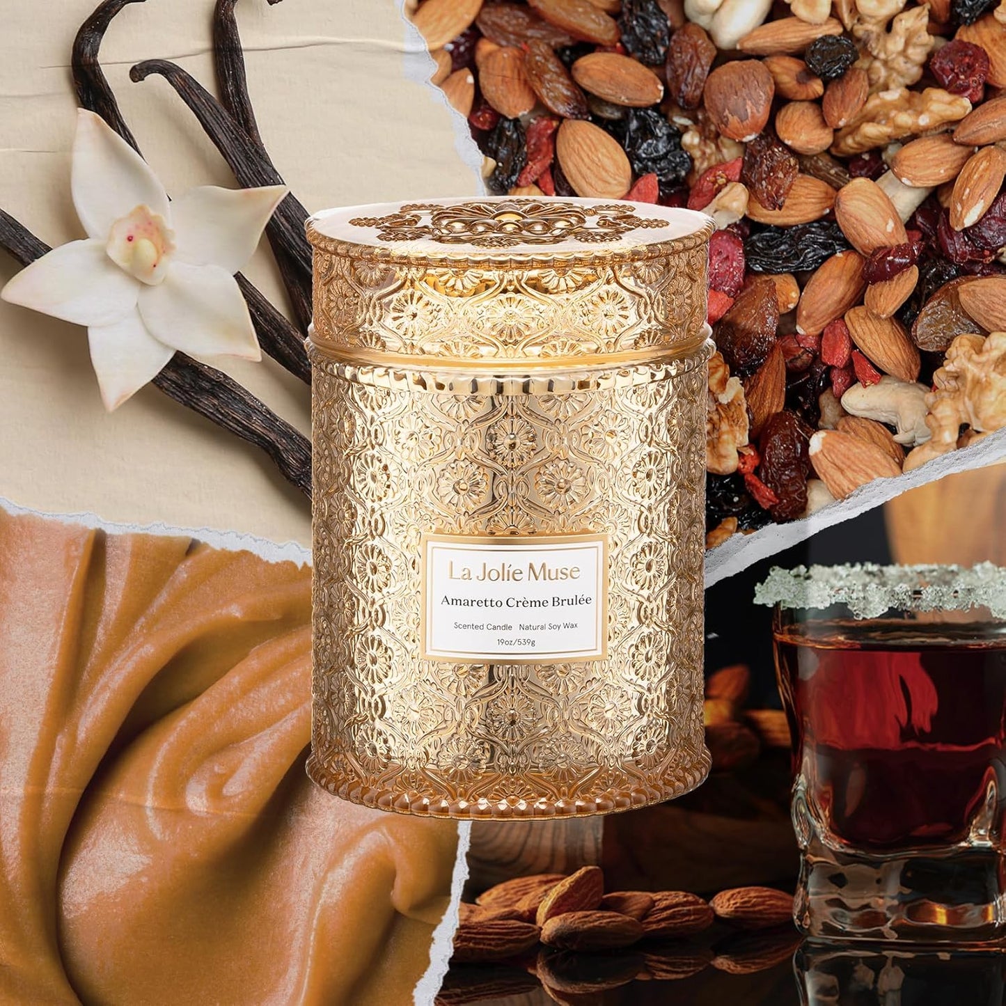 LA JOLIE MUSE Fall Candle | Amaretto Crème Brûlée – Almond Liqueur, Dry Fruit & Caramel | 19 oz Wooden Wick Candle | 90 Hours Clean Burn | Luxury Candles for Self-Care & Gifting