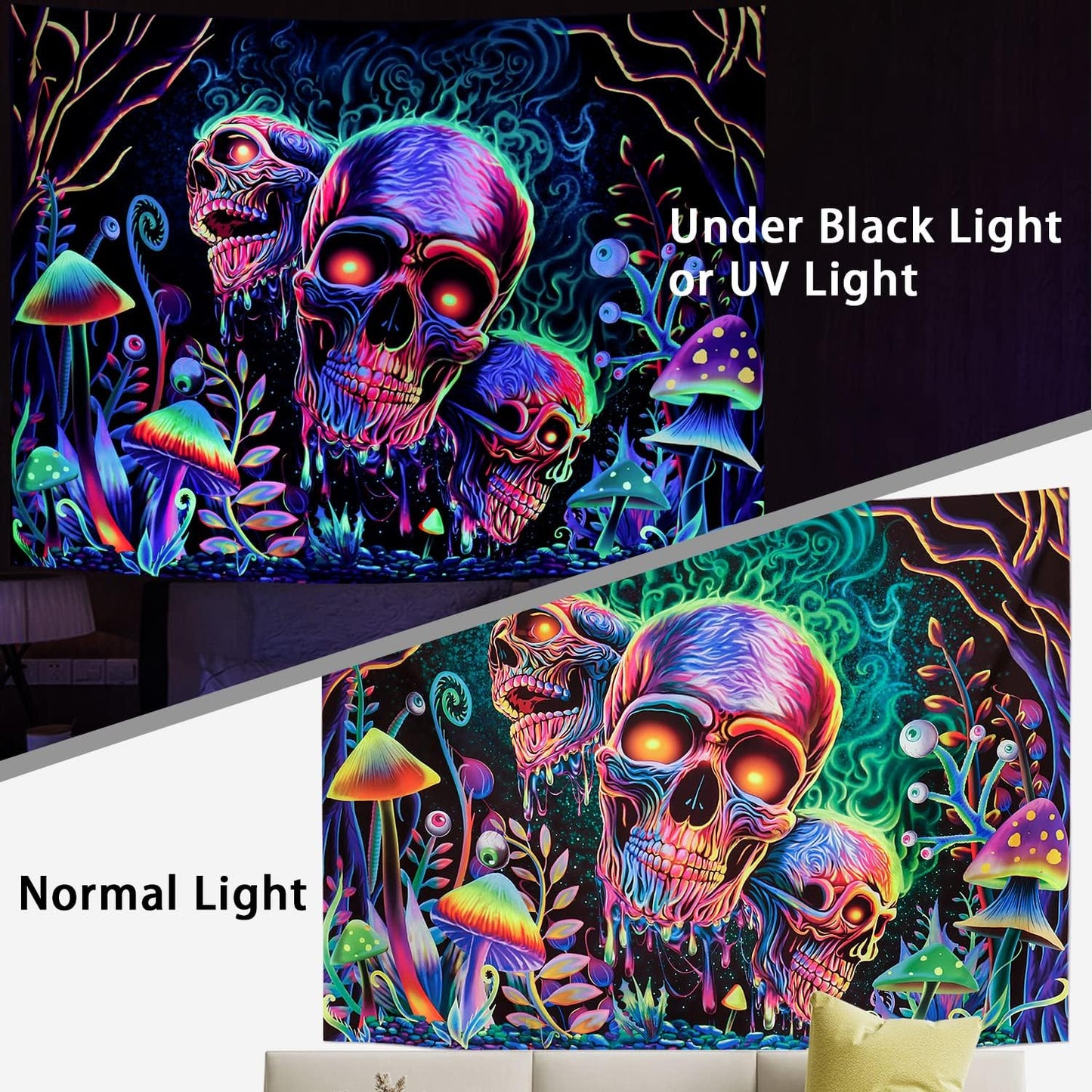 Amonercvita Blacklight Skull Tapestry Trippy Skeleton Wall Tapestries UV Reactive Neon Plants Trees Tapestries Aesthetic Galaxy Space Tapestry Wall Hanging for Bedroom Decor(H70.8×W92.5 inches)