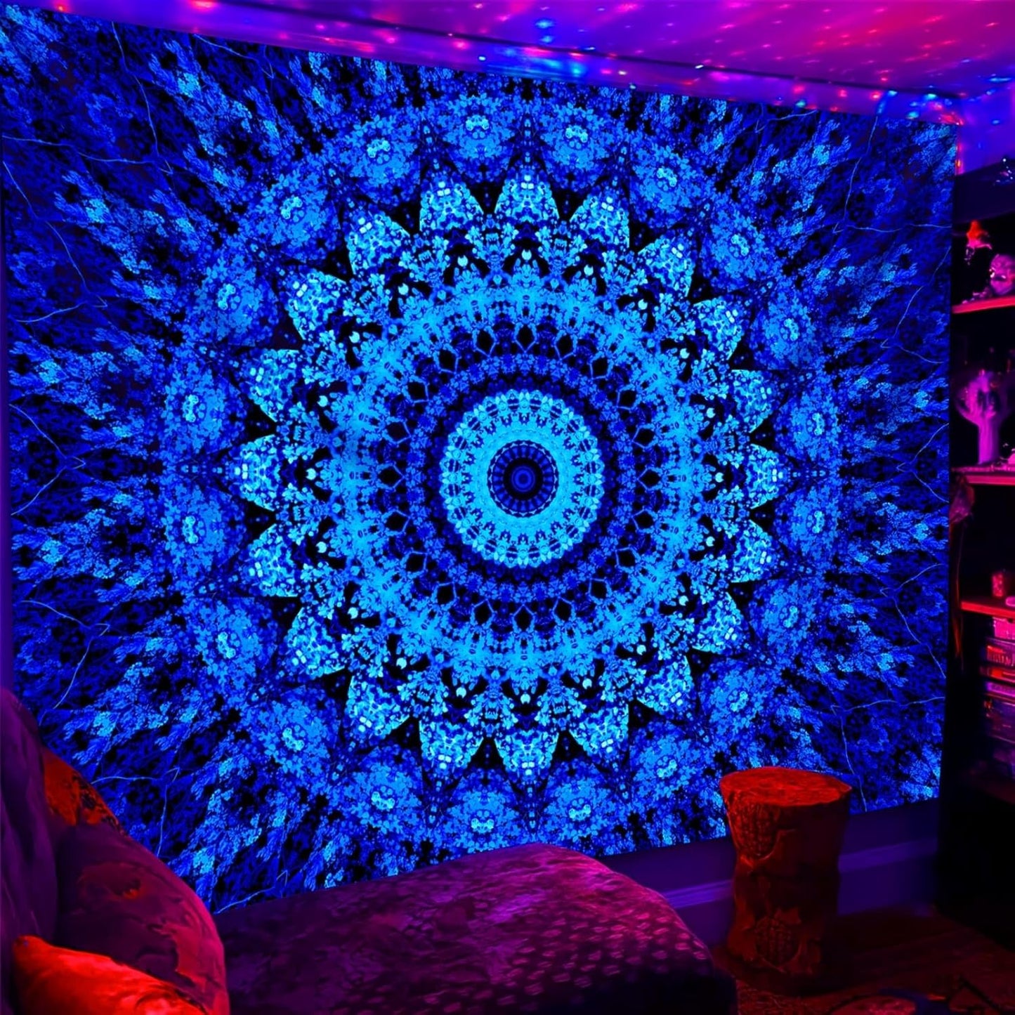 PSYHILAR Blacklight Mandala Tapestry for Bedroom, Black Light Posters for Adults and Teens, Neon UV Reactive Aesthetic Bohemian Wall Art Decor (60 x 50 Inches)