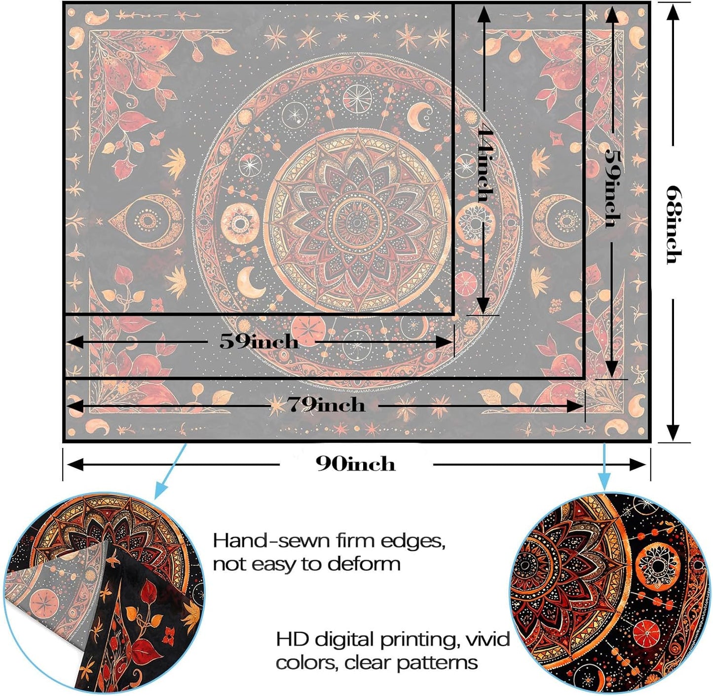 Lunerfex Mandala Moon and Stars Tapestry Boho Tapestry for Bedroom Black and Orange Tapestries Wall Hanging Living Room Wall Art and Home Decor 44x60