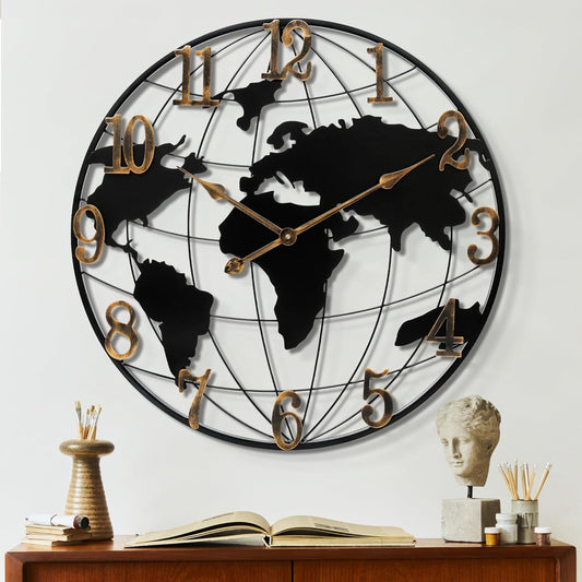 Large Round Metal World Map Clock - 16 Inch Minimalist Modern Silent Non-Ticking Battery Operated Wall Clock for Living Room, Kitchen, Office, Farmhouse Home Decor
