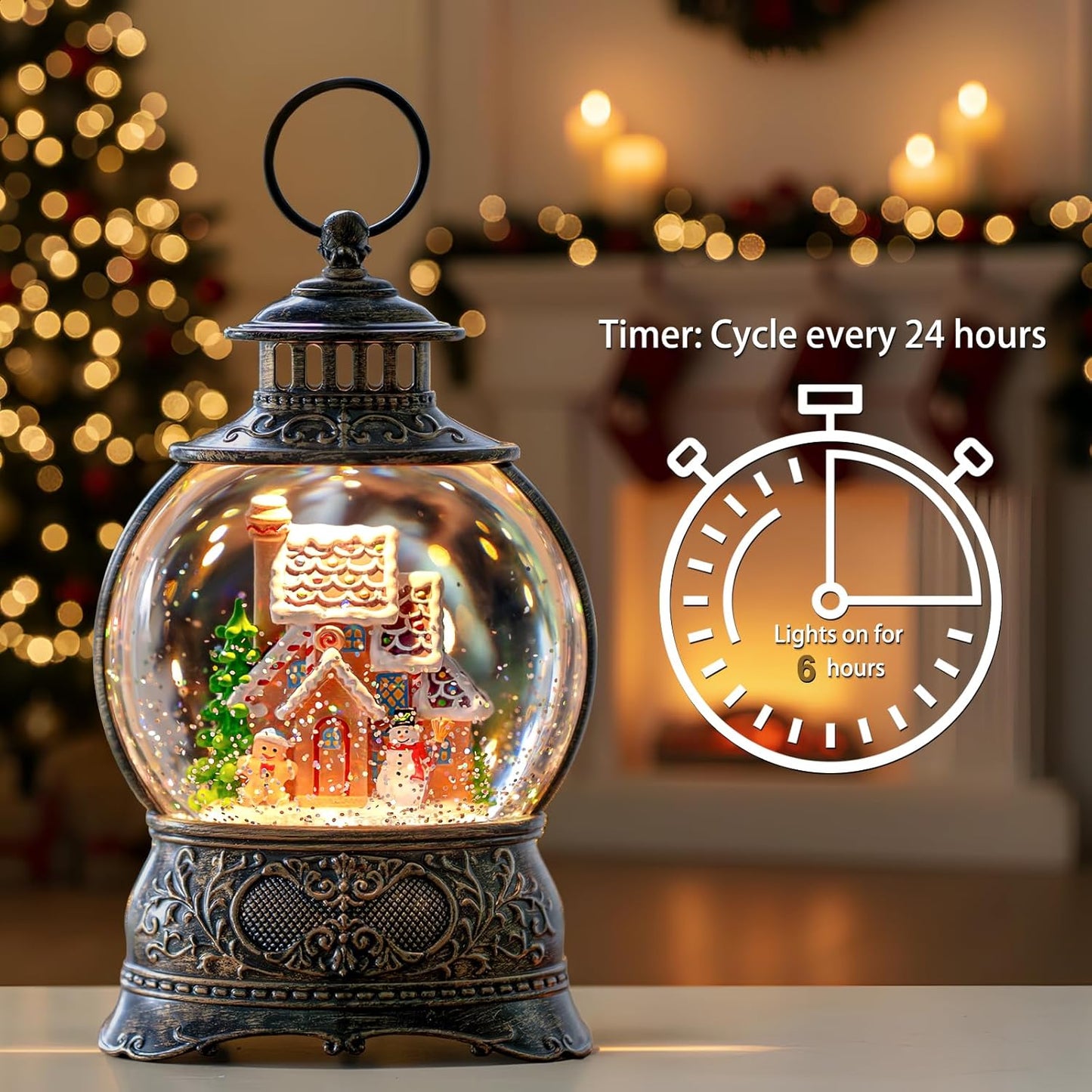 Christmas Snow Globes Christmas Water Lantern with Gingerbread Man & Snowman, Music & 6H Timer, USB Lined/Battery Operated Lighted Lanterns for Xmas Festival Decoration Gifts