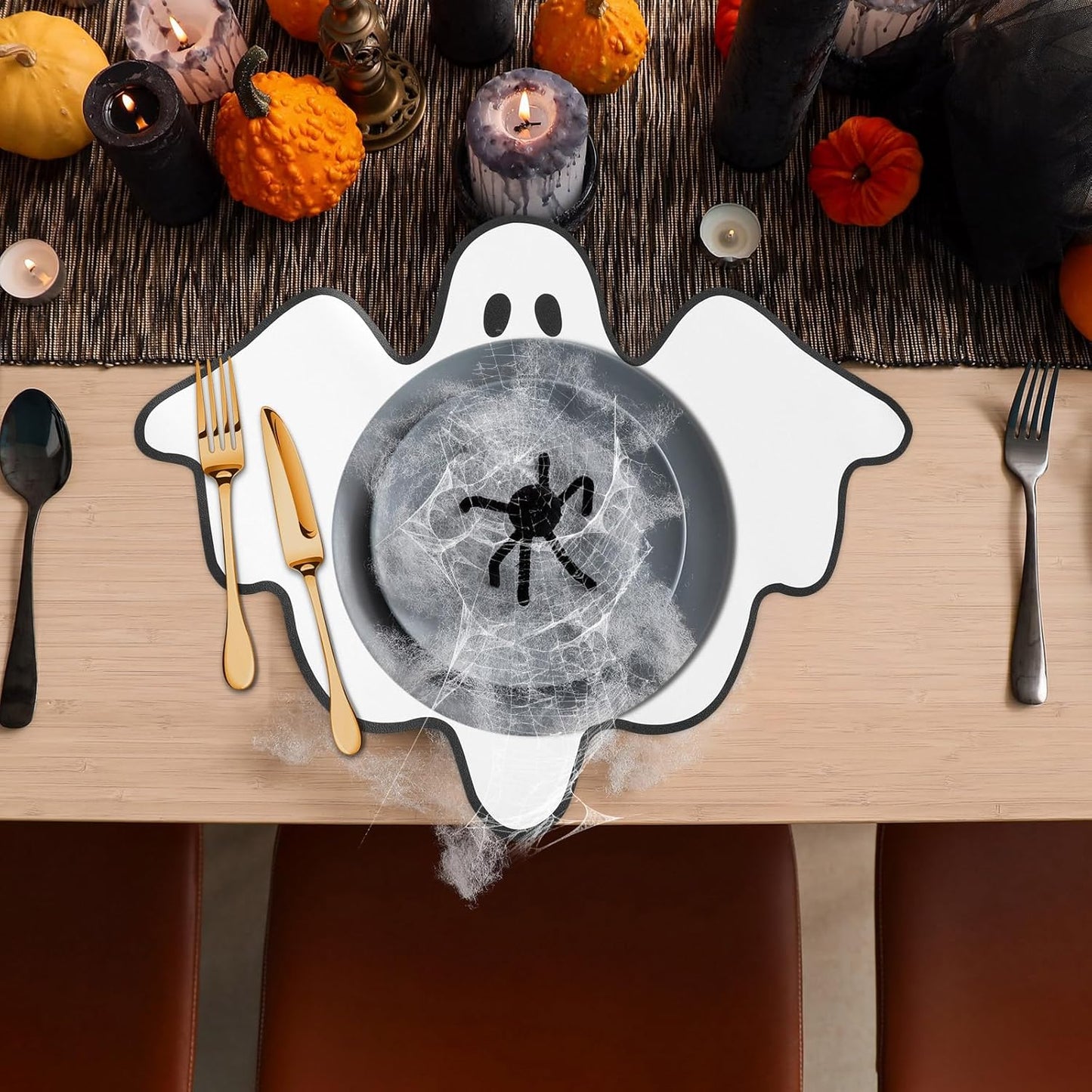 Remerry 6 Pcs Halloween Leather Table Placemats Washable Ghost Dinner Mats Easy to Clean Halloween Spooky Leather Placemats Ghost Table Mats for Holiday Kitchen Dining Party Decoration