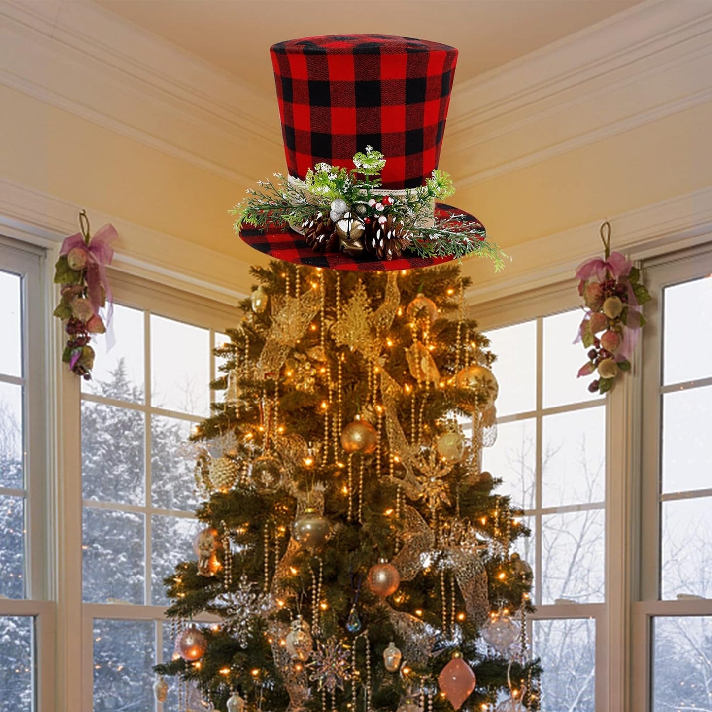 Prsildan Christmas Plaid Top Hat Tree Topper with Pine Cones, Berries, and Bells - Holiday Decor