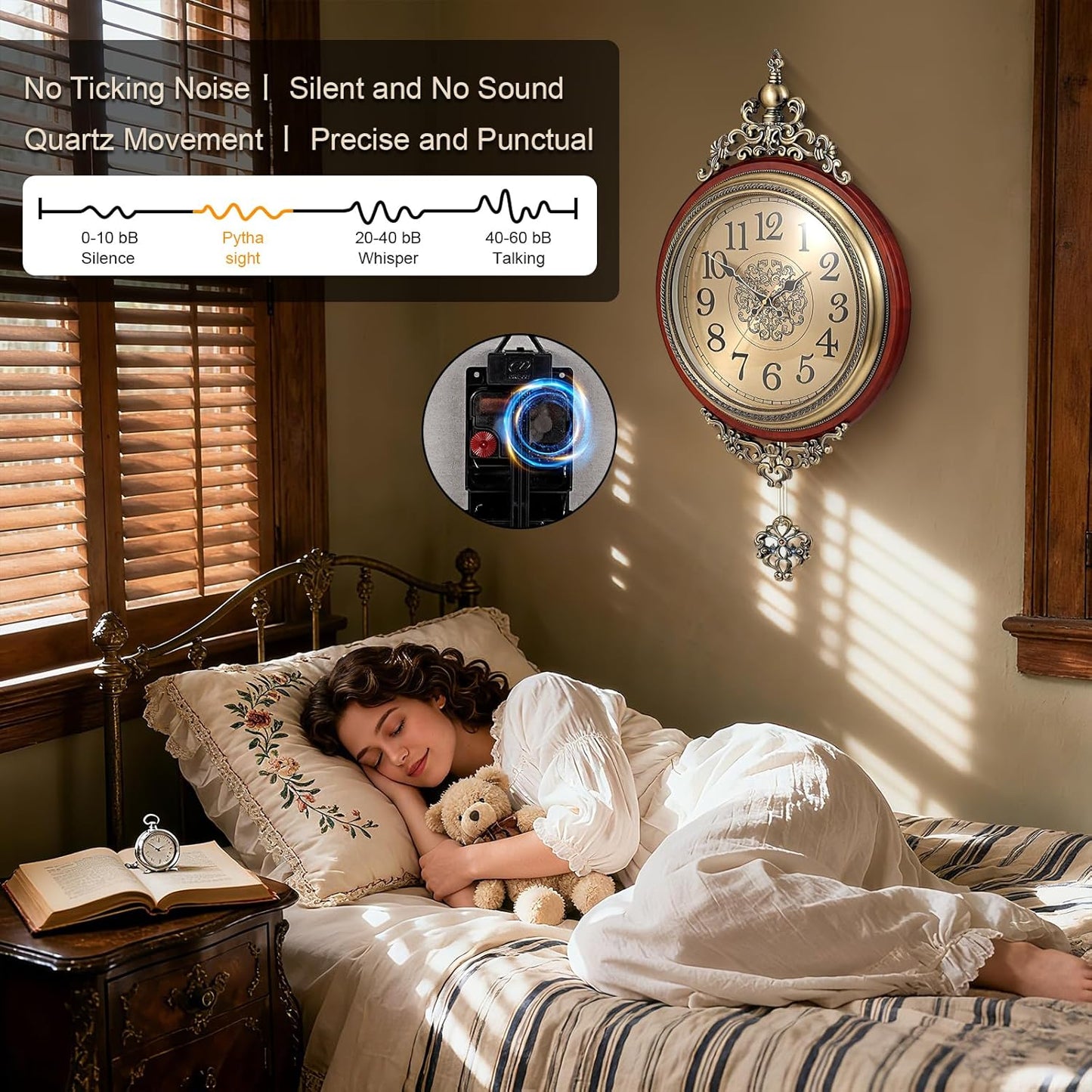 Vintage Wall Clock with Pendulum, 16 Inch Large Retro Metal and Glass Silent Clock for Living Room, Antique Wood Pendulum for Dining Room Office Home Decor