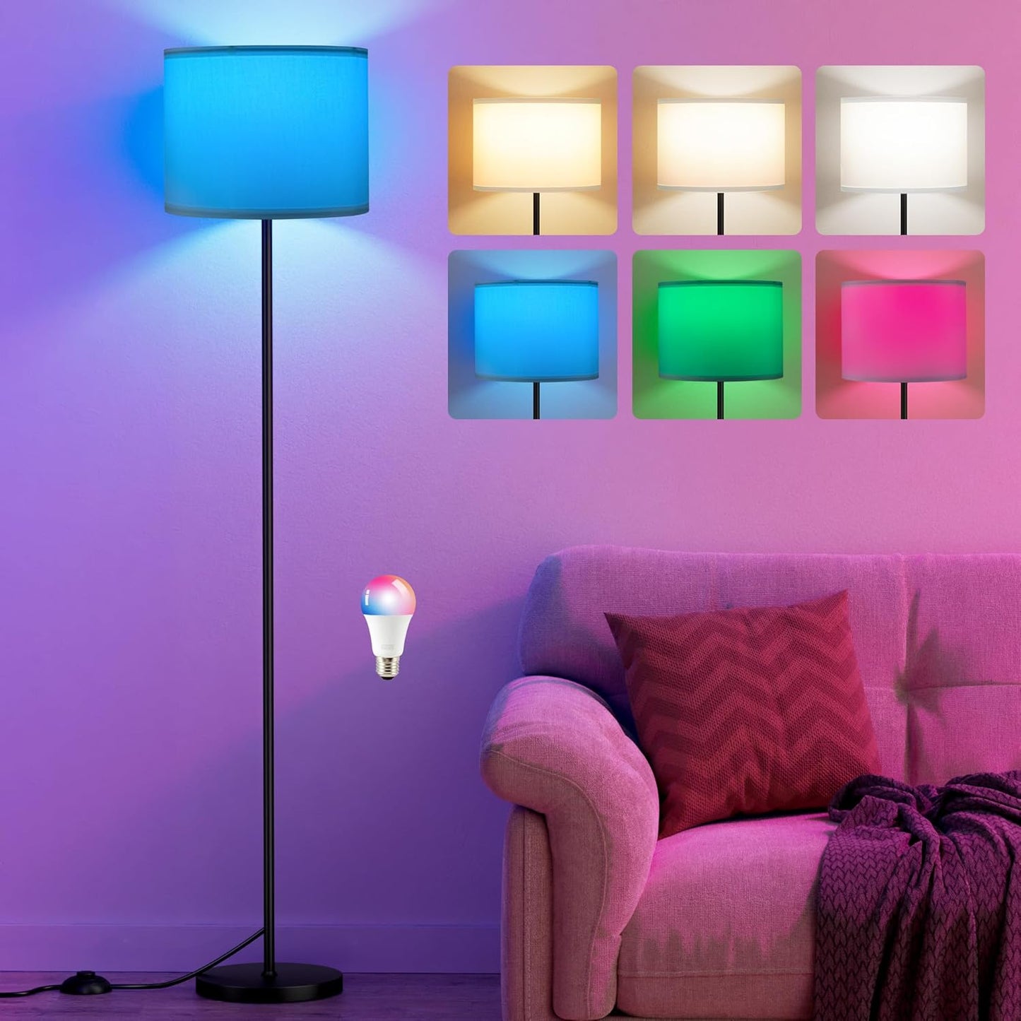 Ambimall Floor Lamp for Living Room with Smart Light Bulb, RGB + Stepless Dimmable Colors Temperature & Brightness(White Shade & Black Pole)