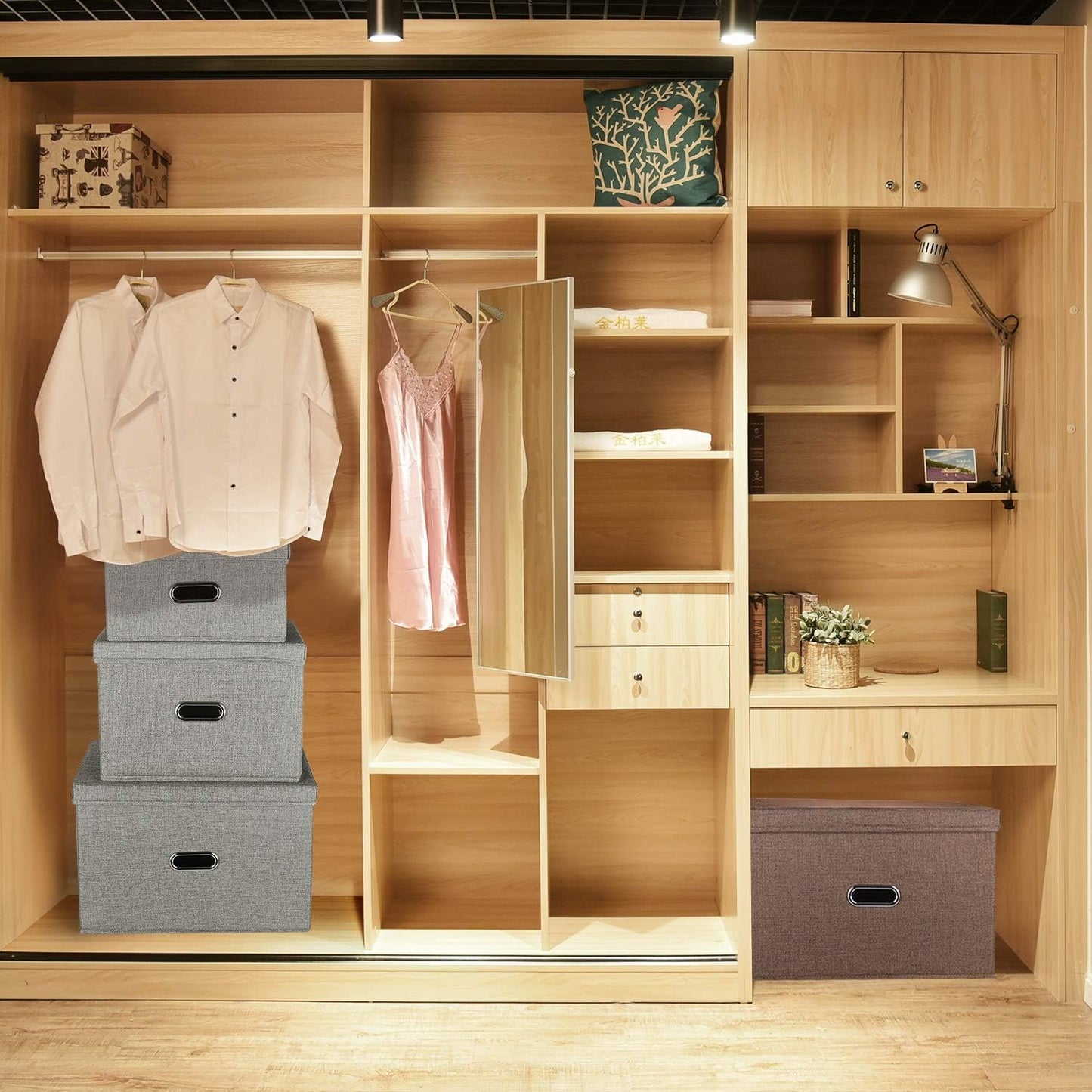 Large Linen Fabric Foldable Storage Bins with Removable Lid and Handles, Washable Storage Box Organizer Containers Baskets Cube with Cover for Bedroom,Office(Black, Large)