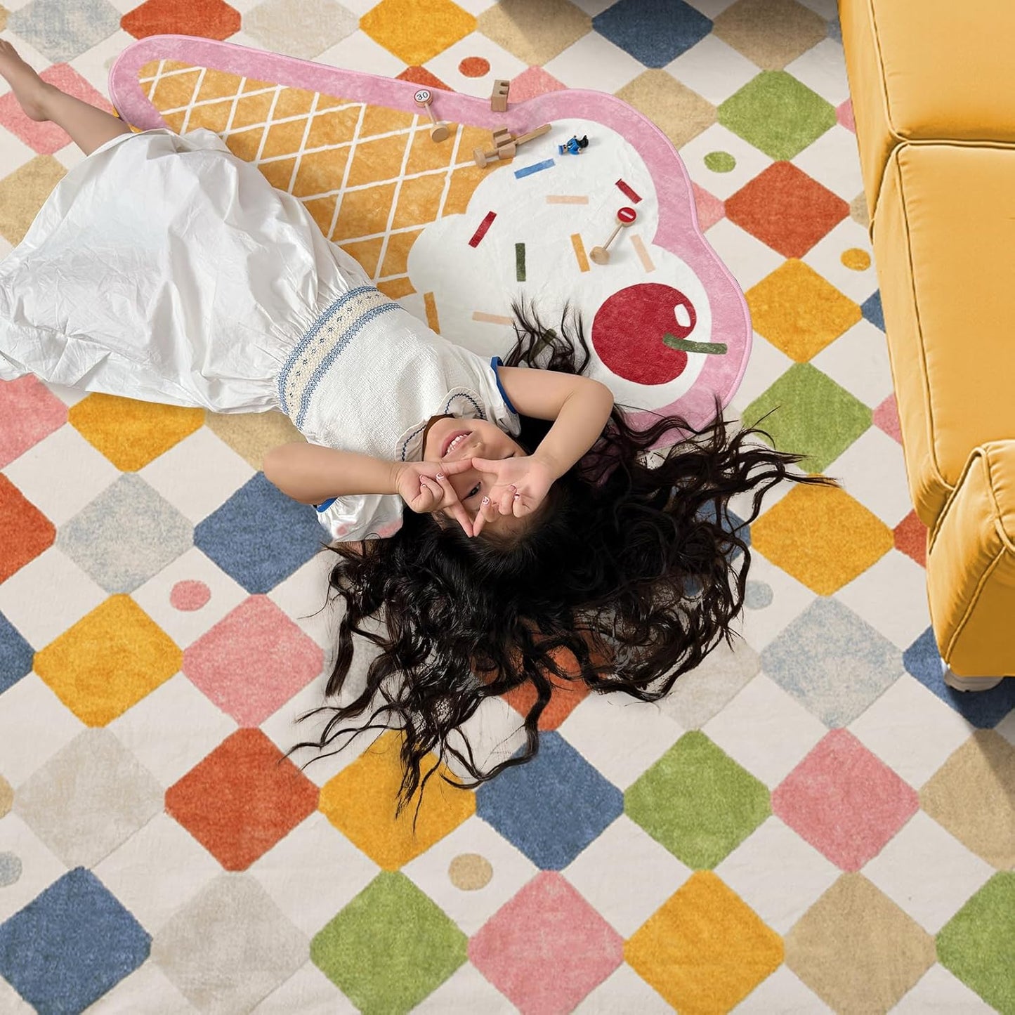 jinchan Area Rug 5x7 Kids Washable Indoor Floor Cover Non-Slip Modern Soft Rug Elementary School Classroom Colorful Diamond Carpet for Nursery Playroom Daycare Bedroom Living Room Circus on Cream