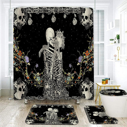 NEWSUYAA Halloween Decorations Shower Curtain Set with Non-Slip Rugs and Bath Mats, 4 Pcs Skull Black and White Skeleton Couple with Floral Bath Decor Toilet Cover Hooks Bathroom Accessory
