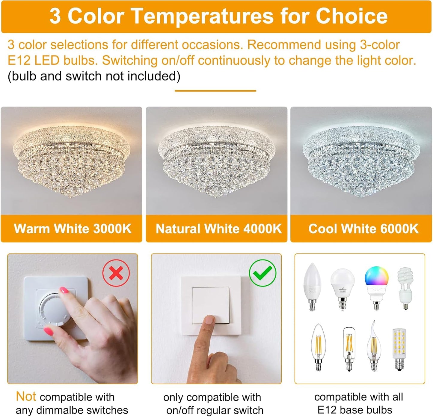 12-Light Crystal Flush Mount Chandelier Ceiling Light Fixture for Living Room Dining Room Bedroom Foyer Entryway Hallway Closet Bathroom (Chrome D24)