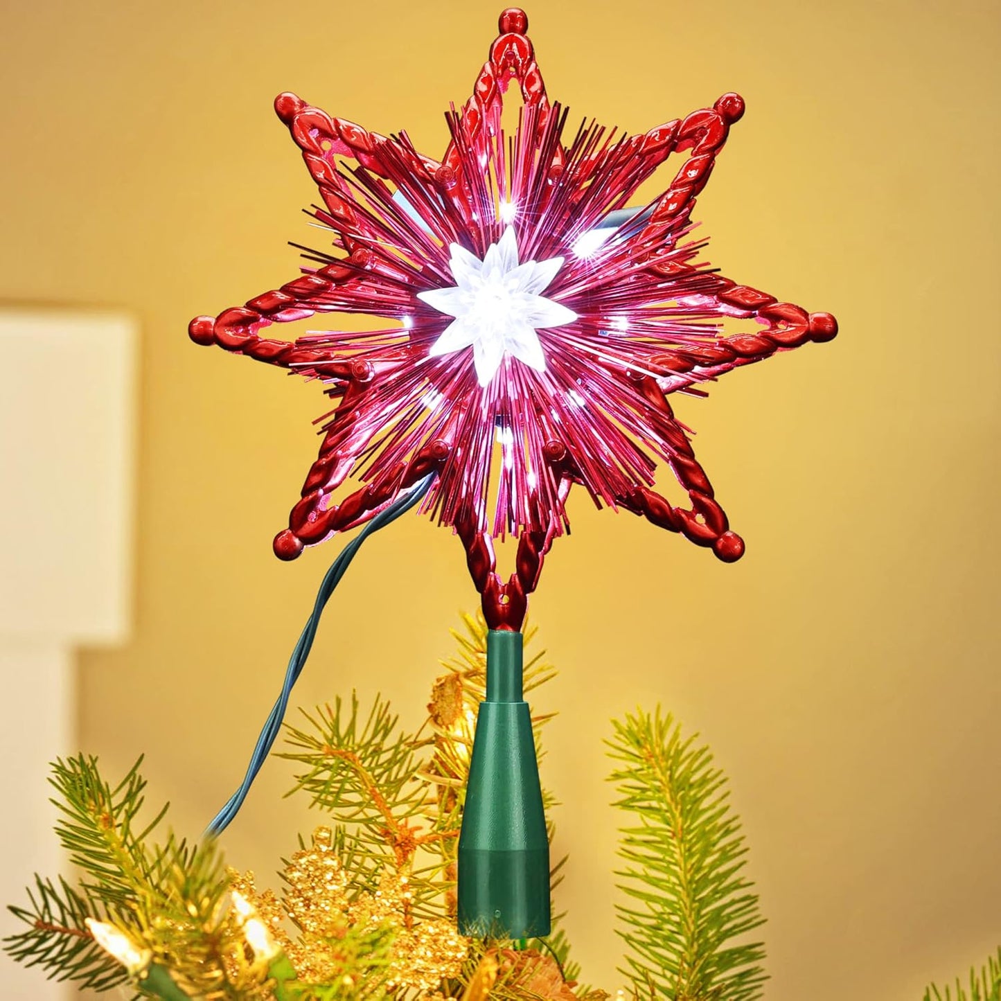 ODEETRONIC Christmas Tree Topper Lights, 8in 120V UL Certified Double Sided 8-Point Christmas Star Treetop, Plug in Indoor Xmas Tree Star-top for Christmas Tree Home Holiday Party Wedding Decor, Red