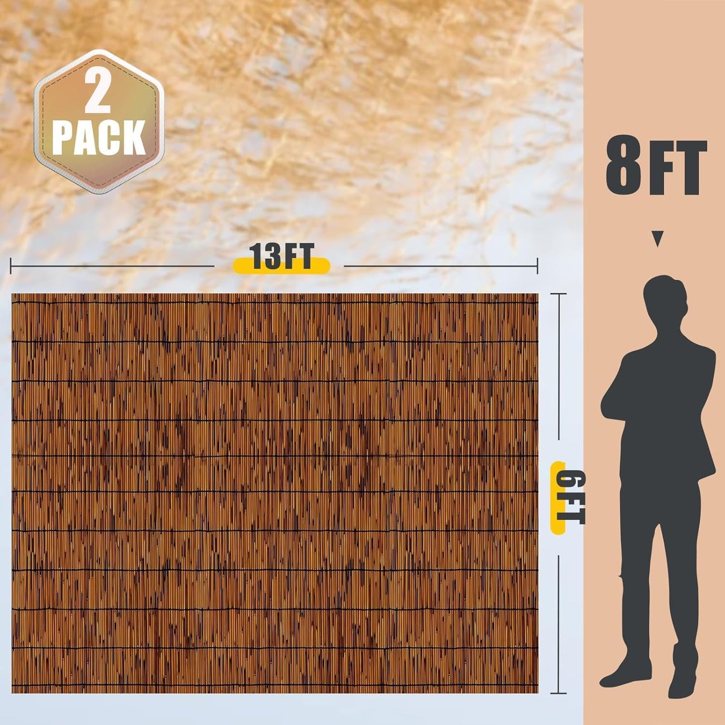 2 Pack Natural Reed Fencing 6FT X 13FT Reed Fence 6FT High Balcony Reed Fence Privacy Reed Screen for Outdoor Backyard Patio(Brown)