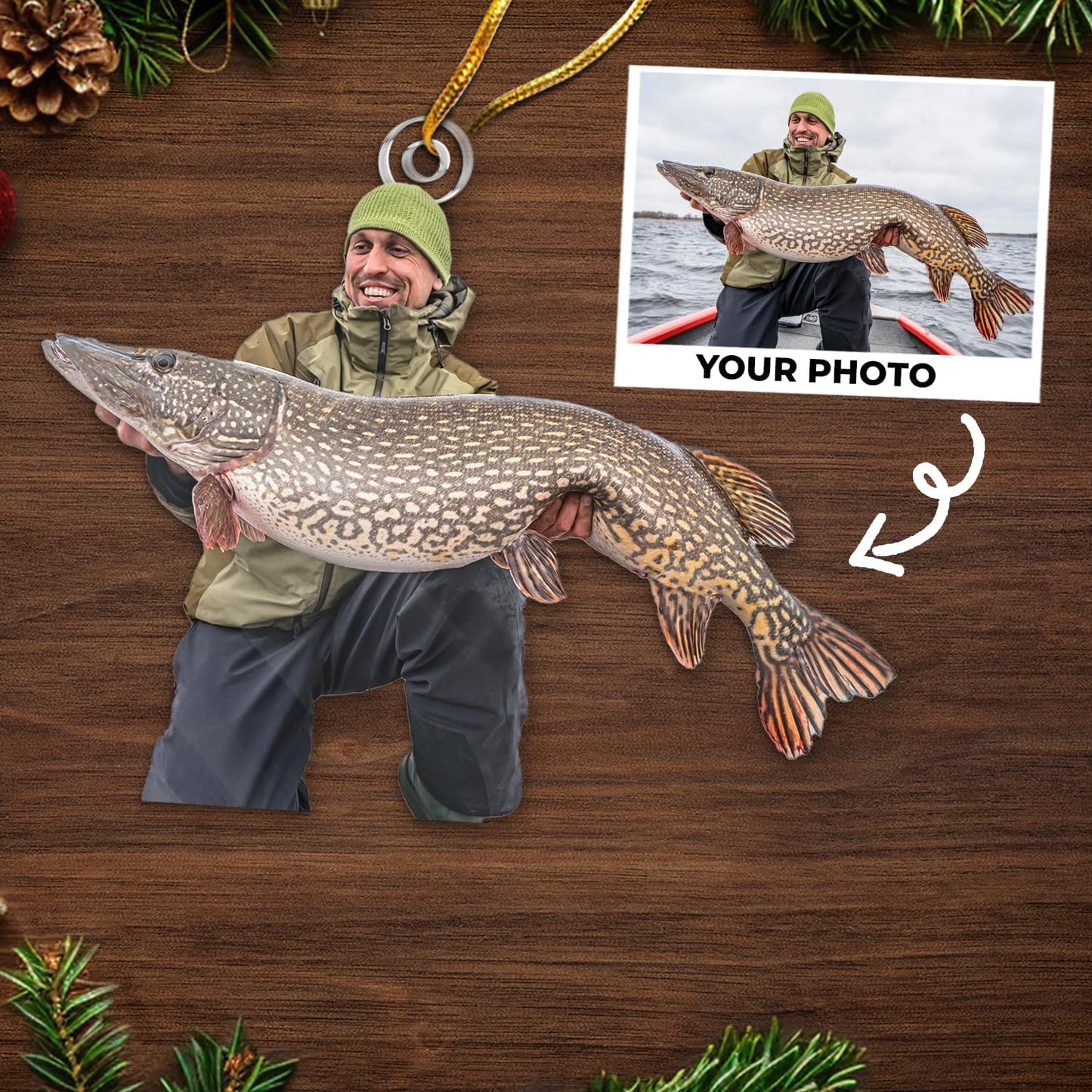 DOPTIKA Personalized 2D Fishing Ornaments for Christmas Tree, Personalized Photo Ornaments for Fish Lovers, Fishing Gifts for Fisherman, Fisherman Ornament Gifts for Dad Brother Husband