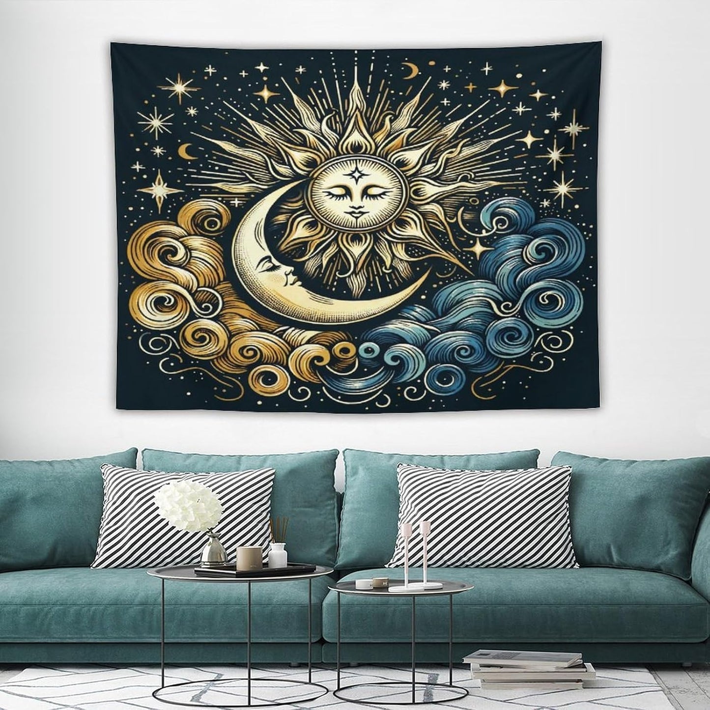 HZOHNAGO Sun Moon Tapestry Boho Golden Stars Pattern Printed Wall Tapestry Wall Hanging for Bedroom Living Room Dorm 80" W x 60" H