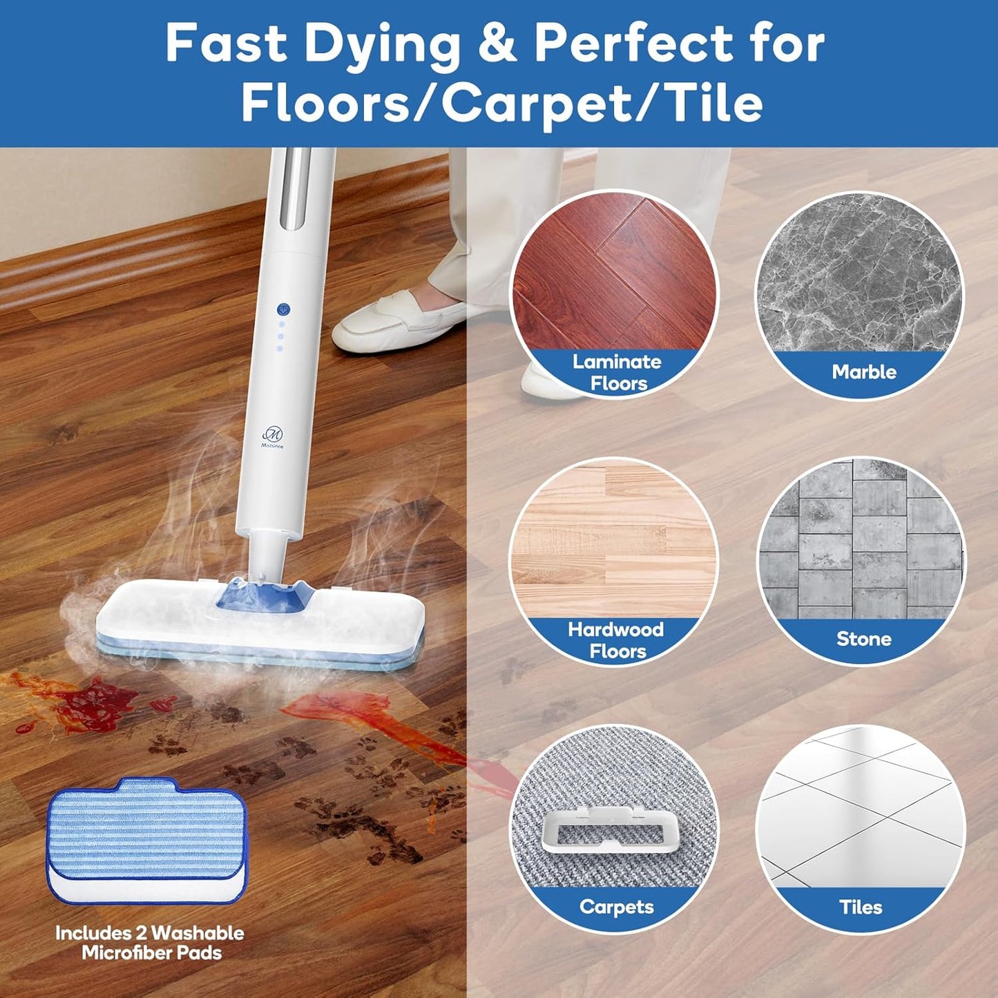 Steam Mop for Floor Cleaning,15-Second Setup,Chemical-Free Floor Steam Cleaner for Hardwood,Laminate,Tile&Greasy Spots.Ergonomic Design with Hands-Free Standing,3 Steam Settings,Reusable Washable Pads