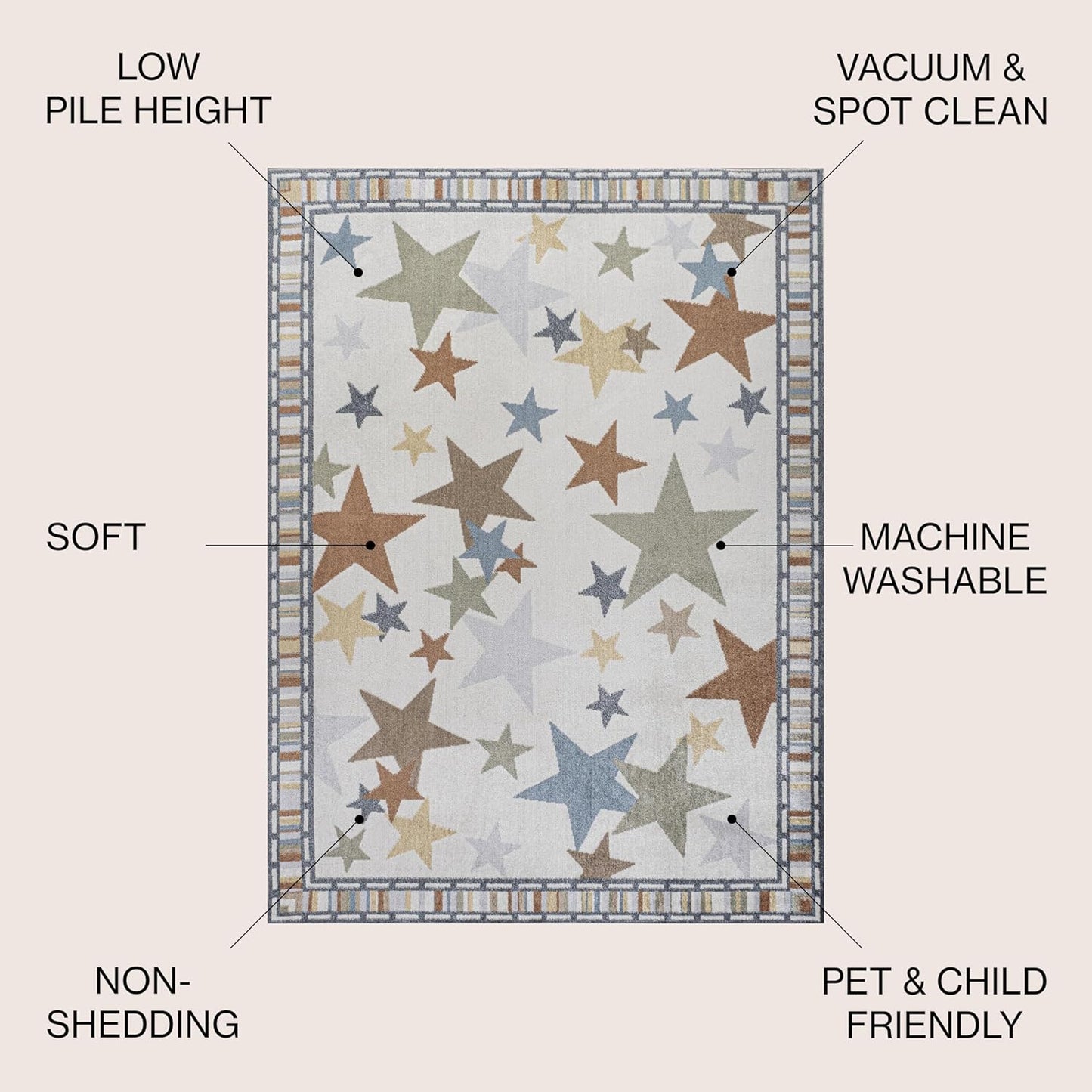 JONATHAN Y Machine-Washable Ivory/Blue/Orange Indoor Area Rug, 4x6, Star Gazer Geometric, Border, Kids & Novelty, Classic, Bedroom, Kitchen, Living Room, Easy-Cleaning, Non-Shedding (KDW100A-4)
