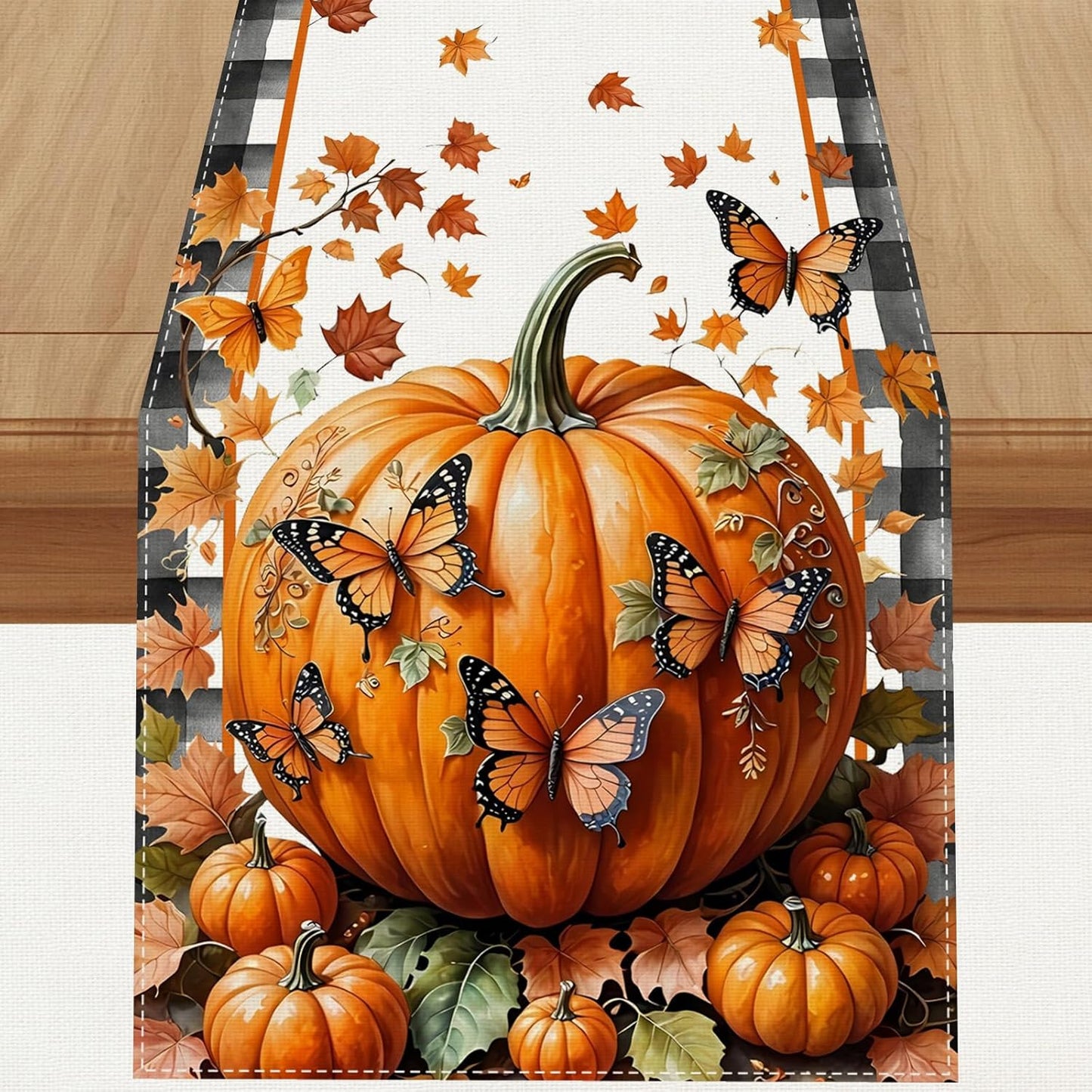 Linen Black and White Buffalo Check Plaid Fall Table Runner 48 Inches Long, Fall Leaves Pumpkin Butterfly Home Kitchen Table Decor, Farmhouse Autumn Thanksgiving Harvest Festival Decorations for Home