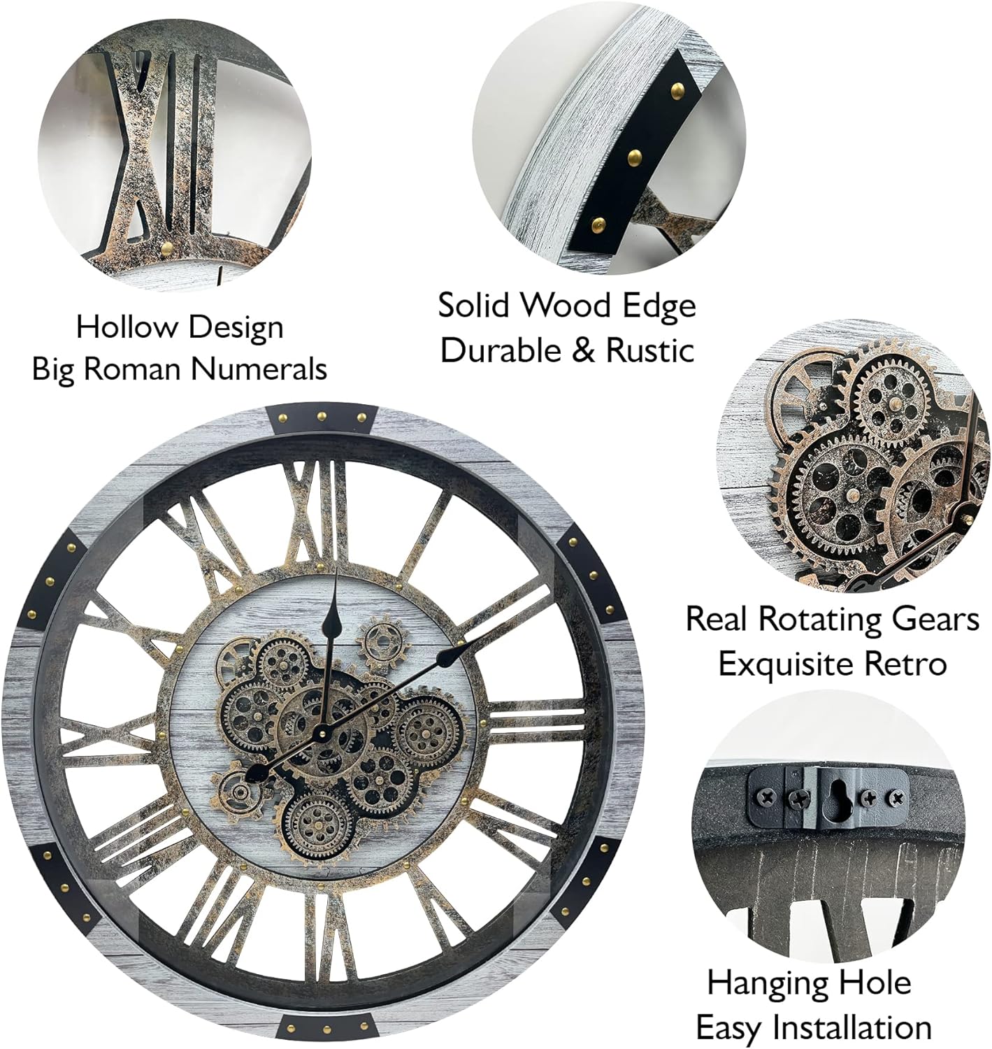 DORBOKER 40" Original Moving Gears Wall Clock, Large Industrial Wall Clock for Living Room Decor,Oversized Wood Vintage Farmhouse Steampunk Rustic Clocks for Wall Decor,Silver Grey