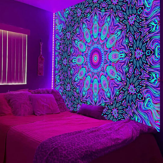 PSYHILAR Blacklight Mandala Tapestry for Bedroom, Psychedelic Black Light Posters for Adults and Teens, Neon UV Reactive Aesthetic Bohemian Art Wall Hanging Decor (40 x 30 Inches)