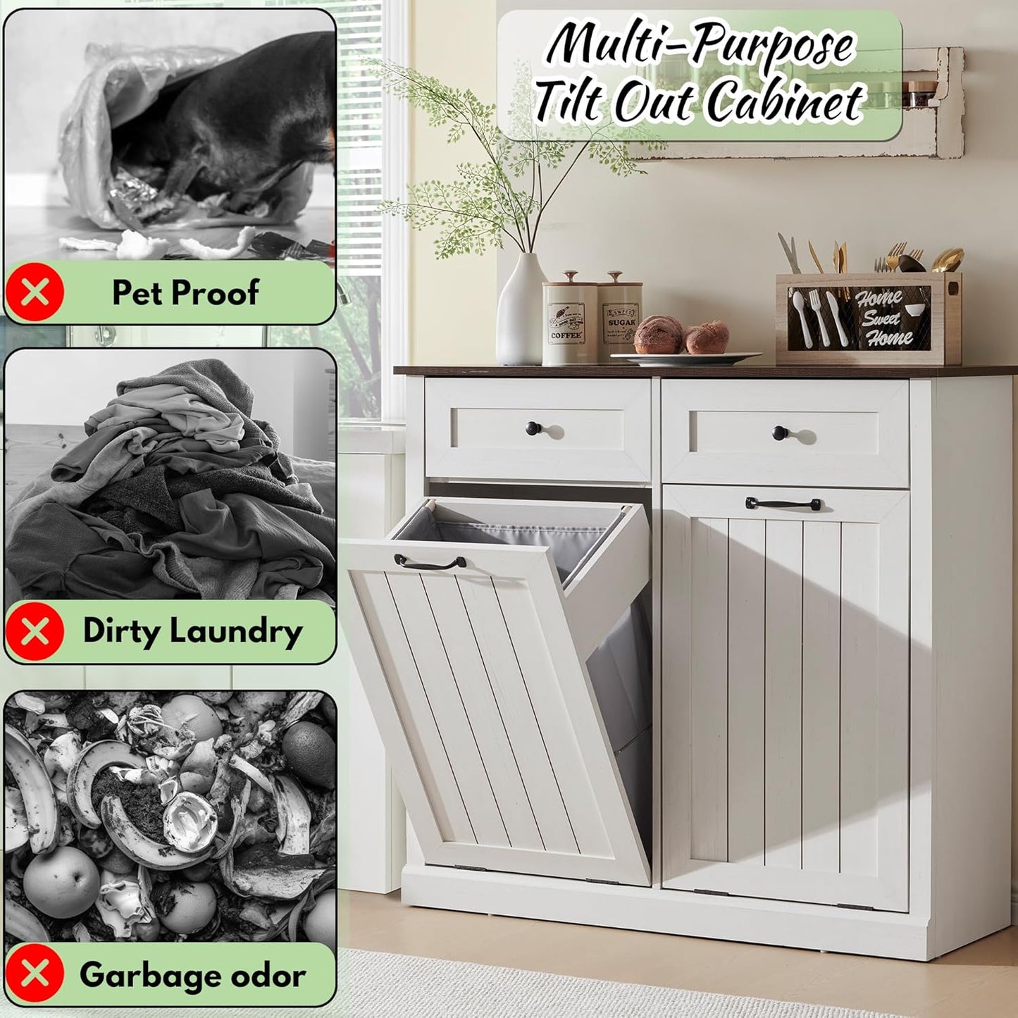 Double Tilt Out Laundry Hamper Cabinet, 20 Gallon Farmhouse Trash Can Cabinet with Drawer, Hidden Wood Garbage Can Bin Cabinets with Laundry Storage Basket for Bathroom, Kitchen (Antique White)