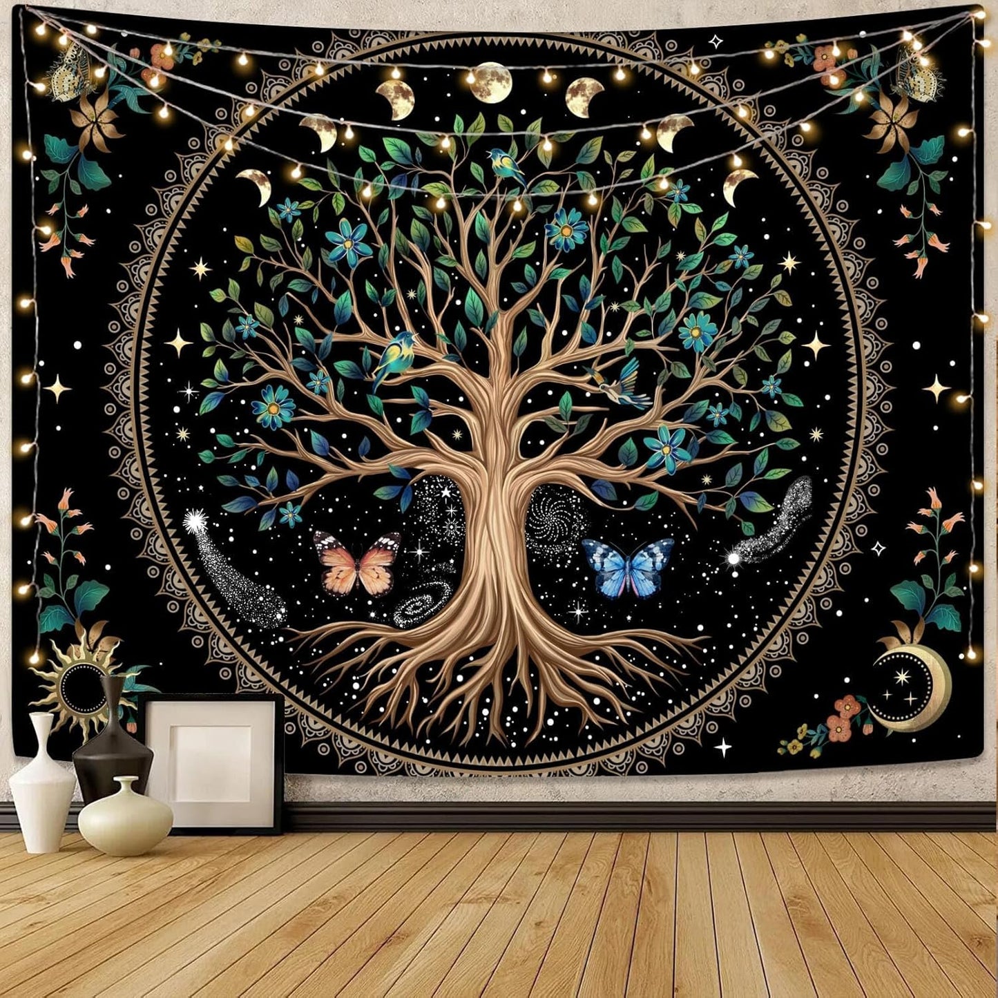 Lunerfex Tree of Life Tapastry Sun and Moon Tapastry Flower Boho Tree Mandala Wall Hanging for Bedroom and Living Room Decor Green Tree 44×60 Inches
