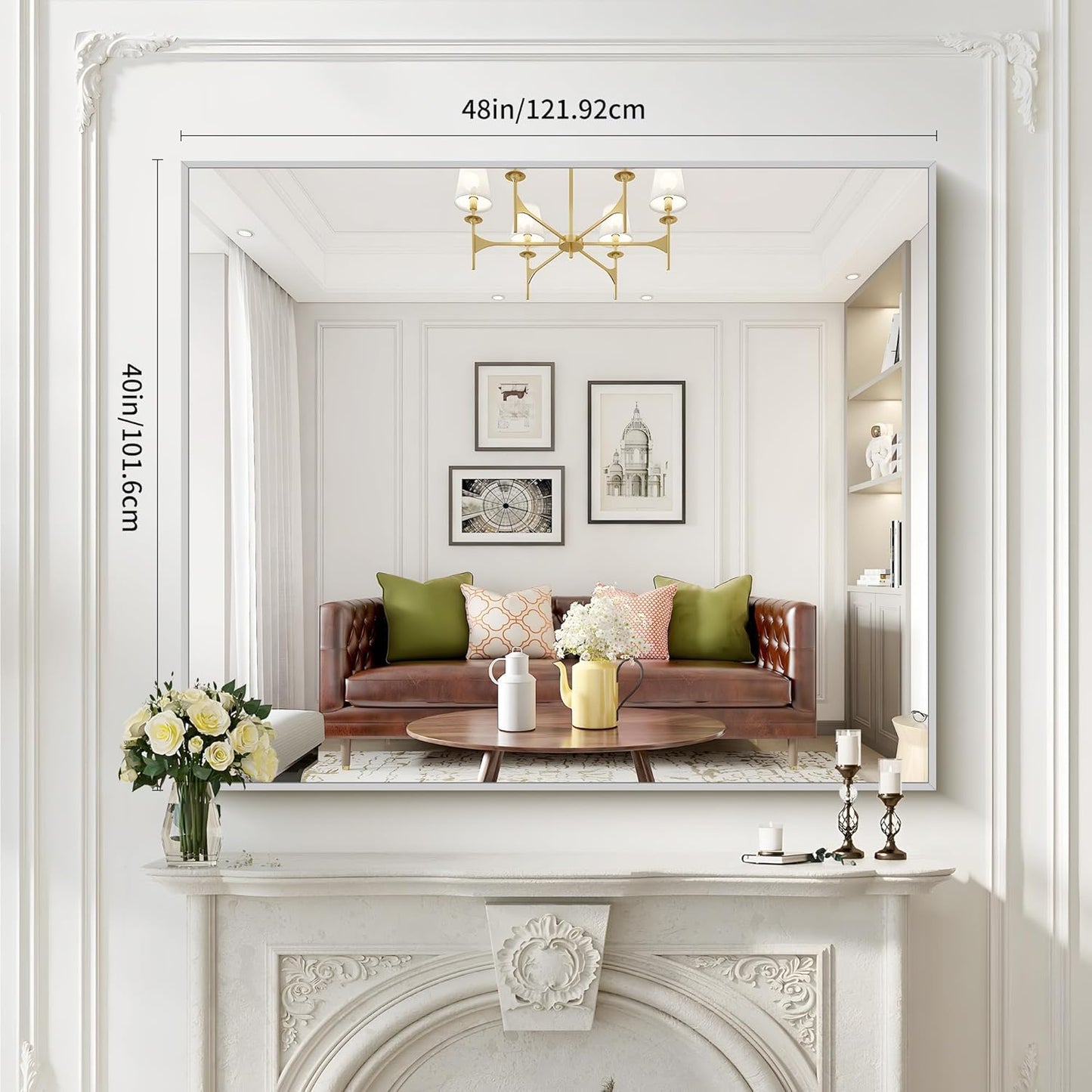 40x48inch Silver Bathroom Mirror, Silver Rectangle Mirror with Frame, Large Rectangular Wall Mirrors for Bathroom, Living Room, Hair Salon, Big Farmhouse Mirror Hang Horizontal/Vertical