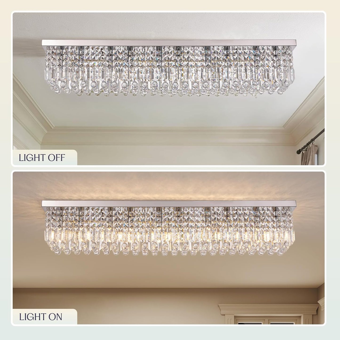 Luxury Lighting Fixture Chandelier Rectangular with Raindrop Crystals Pendant Light Fixture 10-Lights Modern Crystal Rectangle Flush Mount Chandelier for Living Room Dining Room Bar L47 Inch
