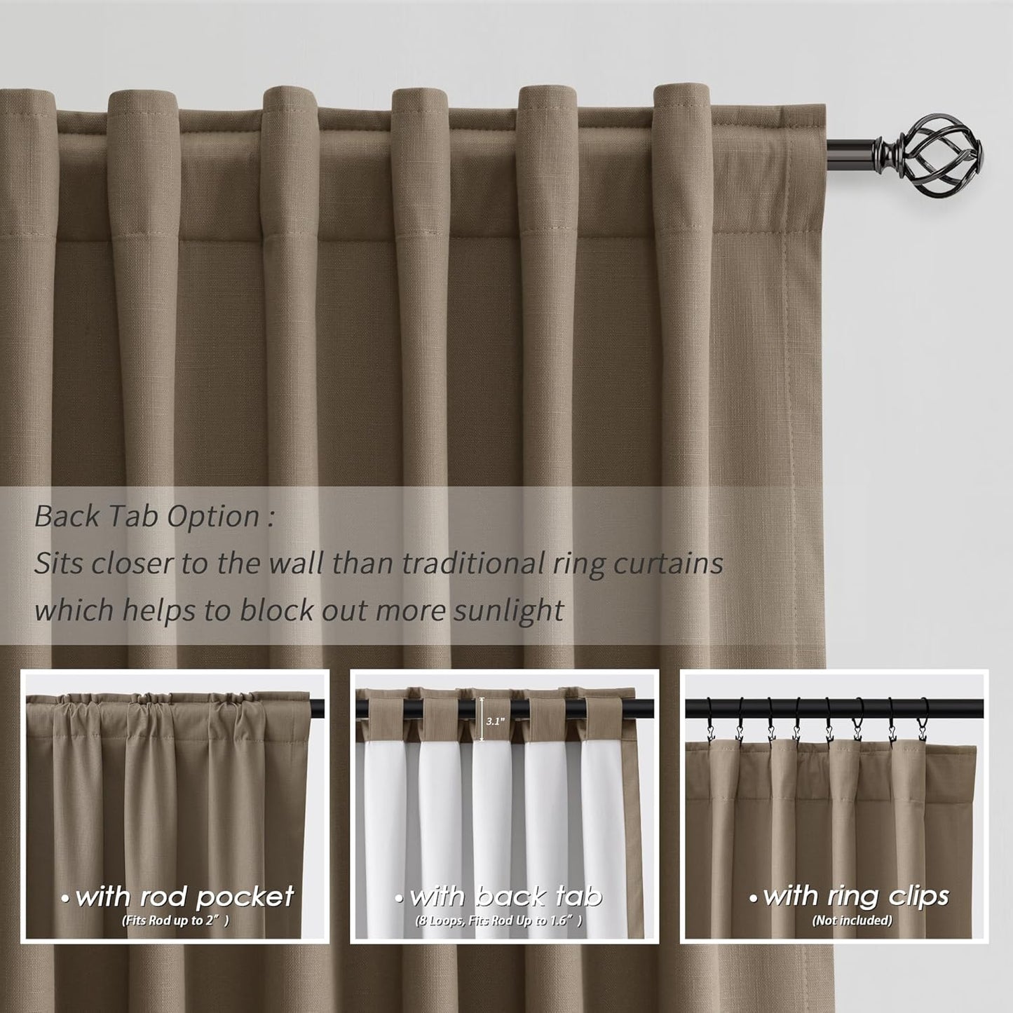 BOODII Linen Blackout Curtains for Bedroom 72 Inch Length 2 Panels Set Room Darkening Curtains Dark Brown Black Out Curtain Neutral Thermal Insulated Living Room Nursery Drapes Back Tab 52x72