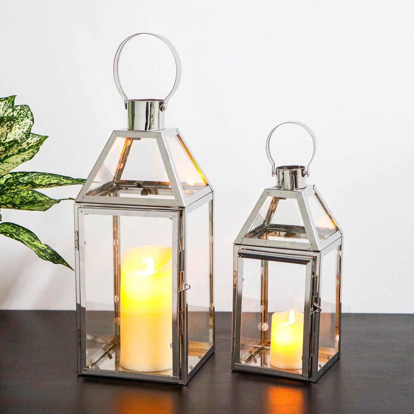 TRIROCKS Set of 2 Stainless Steel Decorative Lanterns 13"&10" H Metal Candle Holders with Tempered Glass for Home Decor Living Room Parties Events Tabletop Indoors Outdoors(Silver)