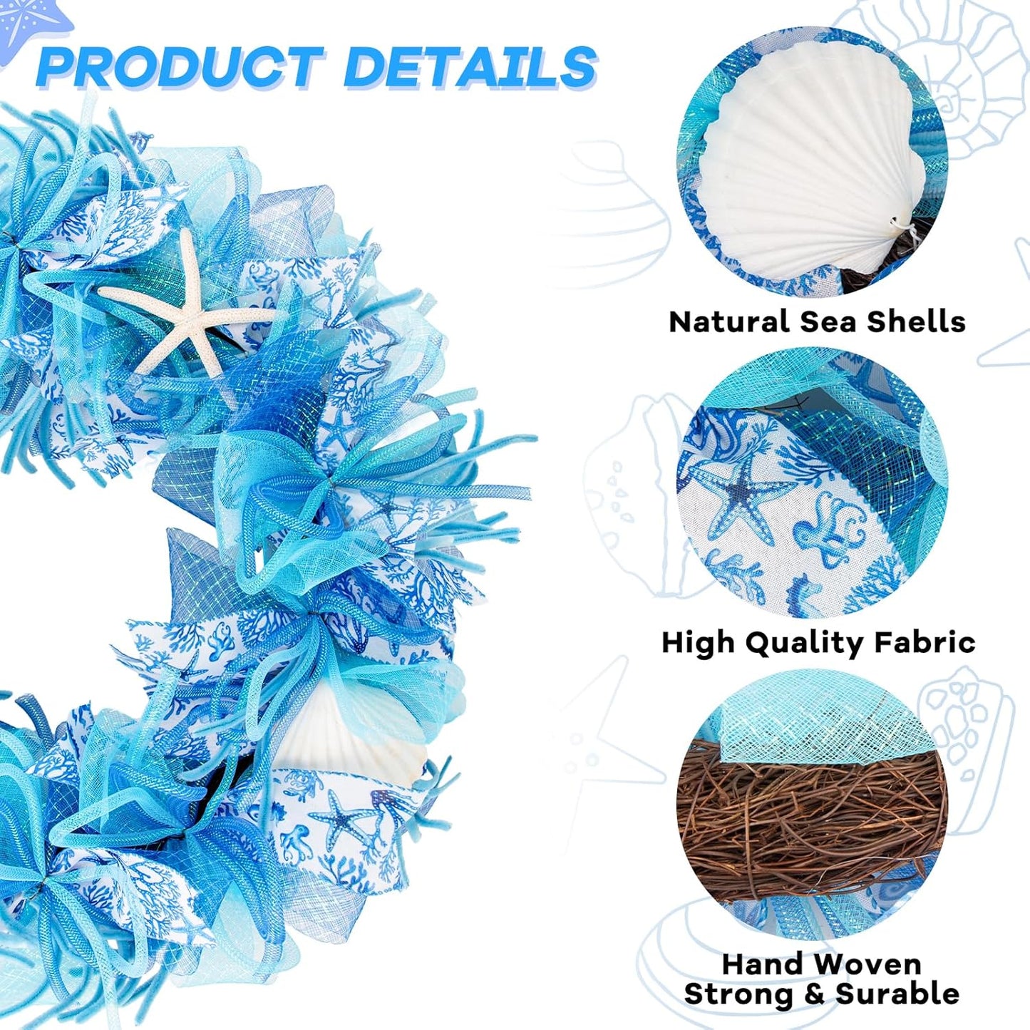 24 Inch Coastal Seashell Large Wreath with Natural Starfish & Scallops Shell, Blue Beach Style Front Door Wreath with for Spring Summer, Farmhouse Rustic Indoor Outdoor Home Wall Wedding Decor