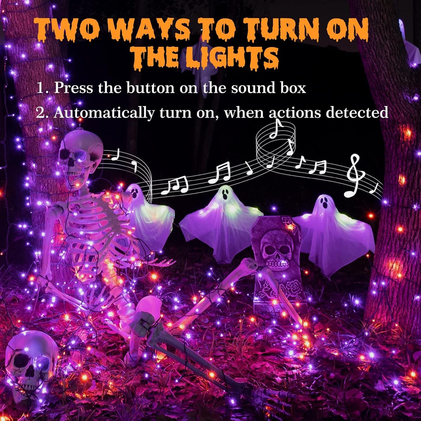 Rotu Halloween String Lights Outdoor with Music Sync Spooky Sounds 300 LED 114.8ft Indoor Fairy String Lights Waterproof Function for Halloween Party Haunted House Decorations (Purple & Orange)