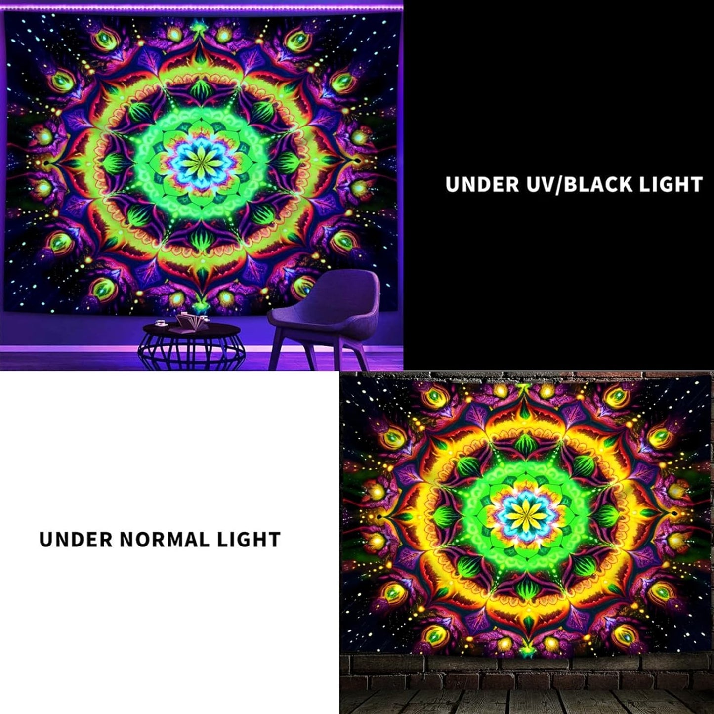 Blacklight Mandala Tapestry for Bedroom, Psychedelic Flower Black Light Posters for Adults and Teens, UV Reactive Aesthetic Bohemian Art Wall Hanging Decor Golden and Green (80 x 60 Inches)