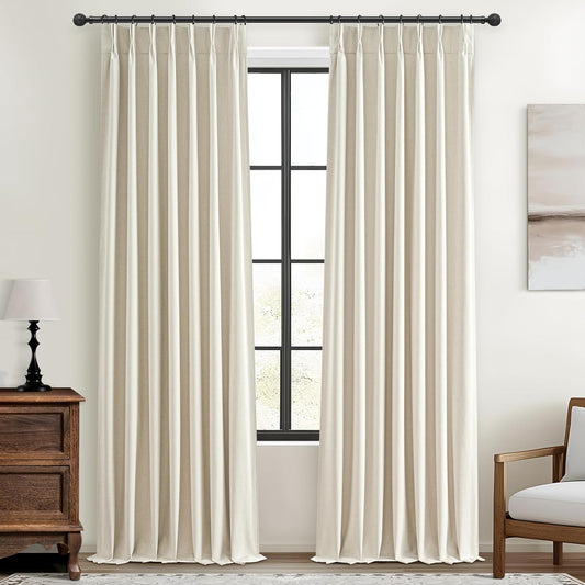 Cream Linen Curtains 120 Inches Long for Bedroom, Ceiling Mount Track Curtains with Back Tab Pinch Pleated Blackout Drapes for Sliding Glass Patio Doors Inside 10 ft Large Window Farmhouse 2 Panels