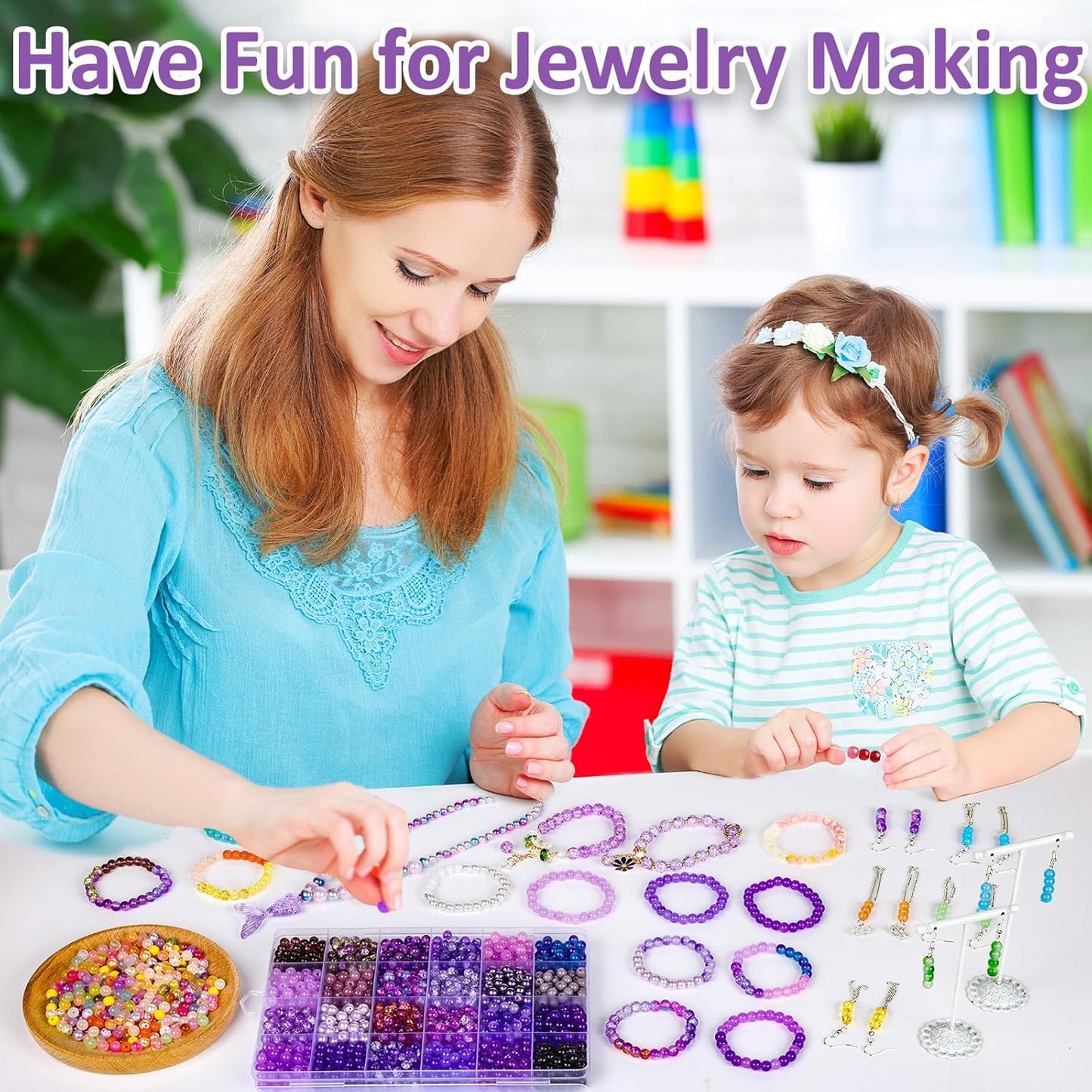 XSEINO About 1200PCS 6mm Glass Beads Bracelet Making Kit,24 Assorted Violet Elegant Series Colorful Crystal Beads for Bracelet and Jewelry Making and DIY Crafts,Friendship Bracelets