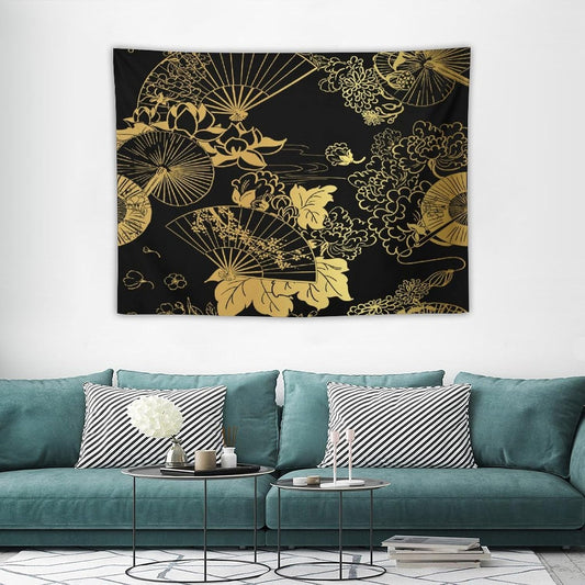 HZOHNAGO Japanese Tapestry Gold Flowers Umbrella Fan Pattern Printed Wall Tapestry Painting Wall Hanging for Bedroom Living Room Dorm 40" W x 30" H