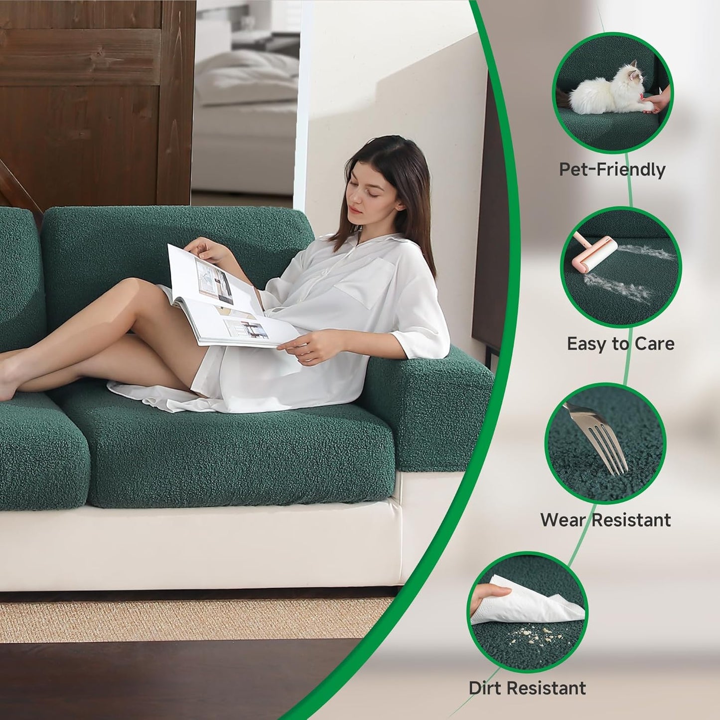 Couch Cushion Covers for Sectional Sofa, Stretch Soft Sofa Slipcovers Washable Wear-Resistant Universal Furniture Protector for Living Room(1 Piece Large Cover, Green)