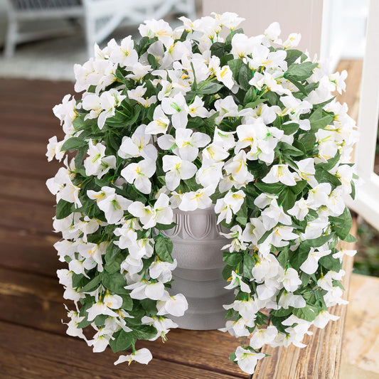 Faux Bougainvillea Artificial Flowers Plants for Outdoors Outside Decoration, 2 PCS White Fake Flowers UV Resistant Look Real Silk Long Trailing Vines for Front Door Porch Planter Patio Garden Yard