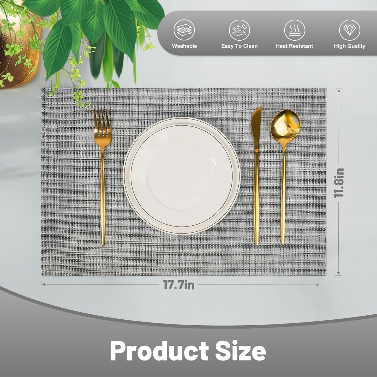 Placemats Set of 6，Non-Slip PVC Weave Table Mats Easy to Clean，Heat Resistant Place Mats for Kitchen Dining Table Decoration Indoor Outdoor，Gray