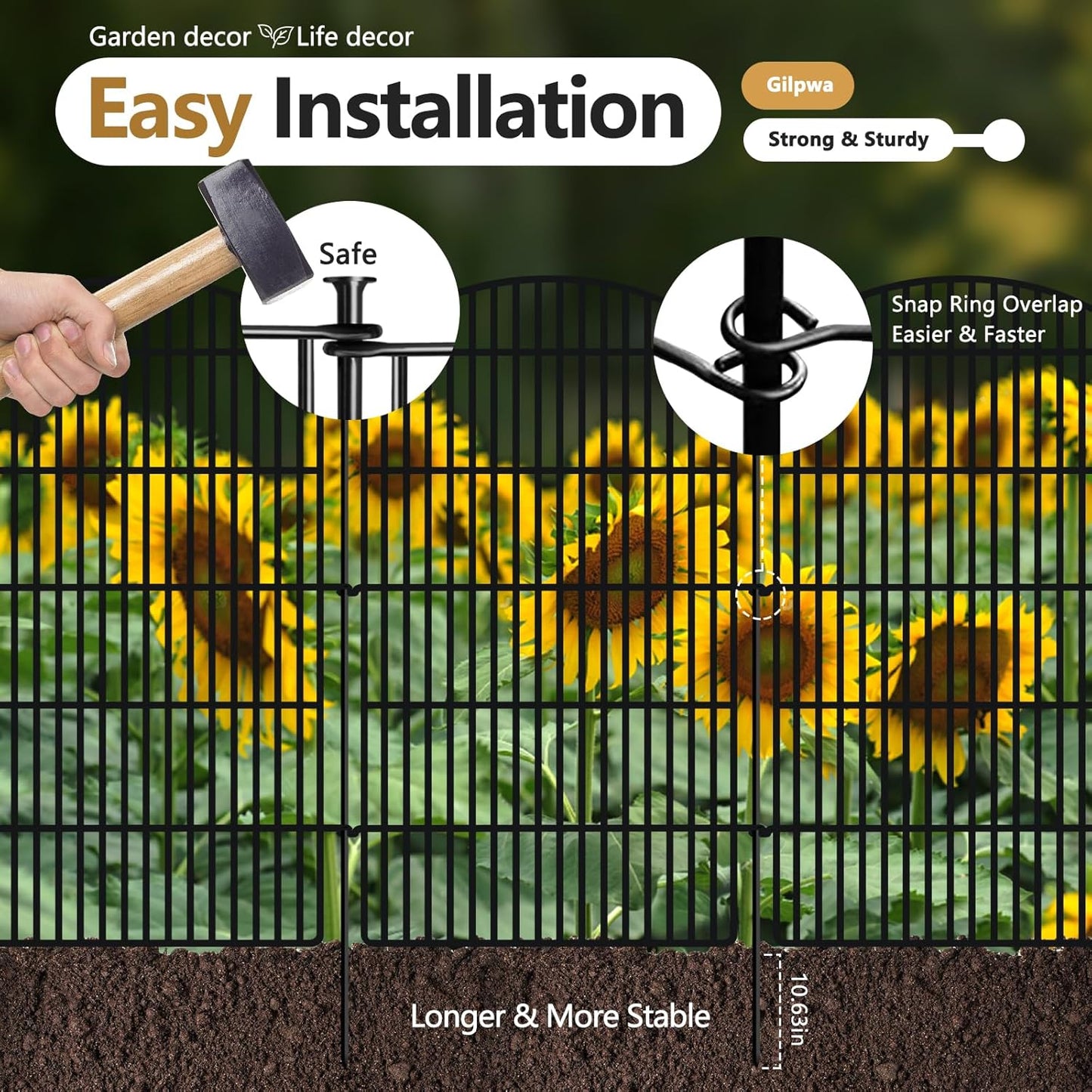 10 Panels Decorative Garden Metal Fence, 48in (H) x 24ft (L) No Dig Dog Fencing for Outdoor Yard, Rustproof Animal Ground Stakes Temporary Panel Border Barrier for Patio Flower Bed Camping