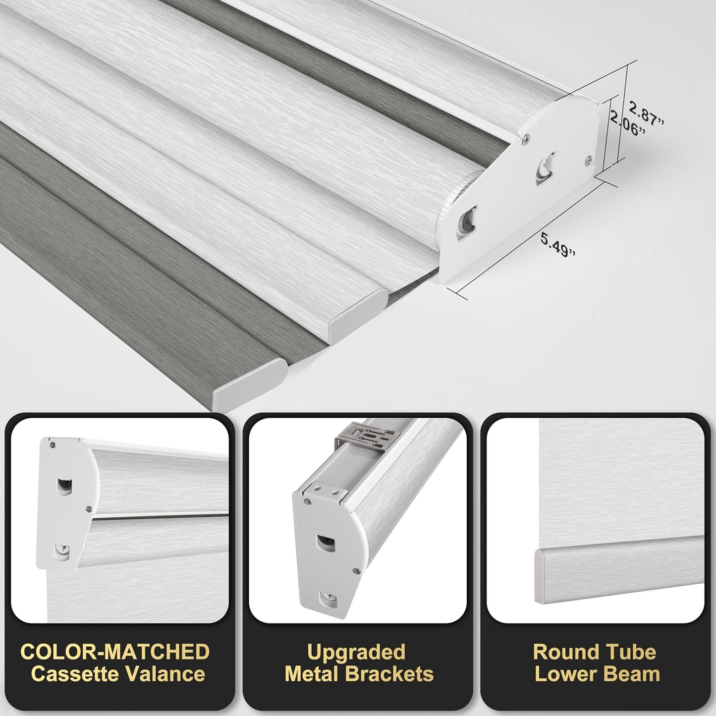 BERISSA Dual Roller Shades with Cassette Valance, Blackout and Light Filtering, Day and Night Shades for Home Office Door. Grey and White. 24 W x 48" H