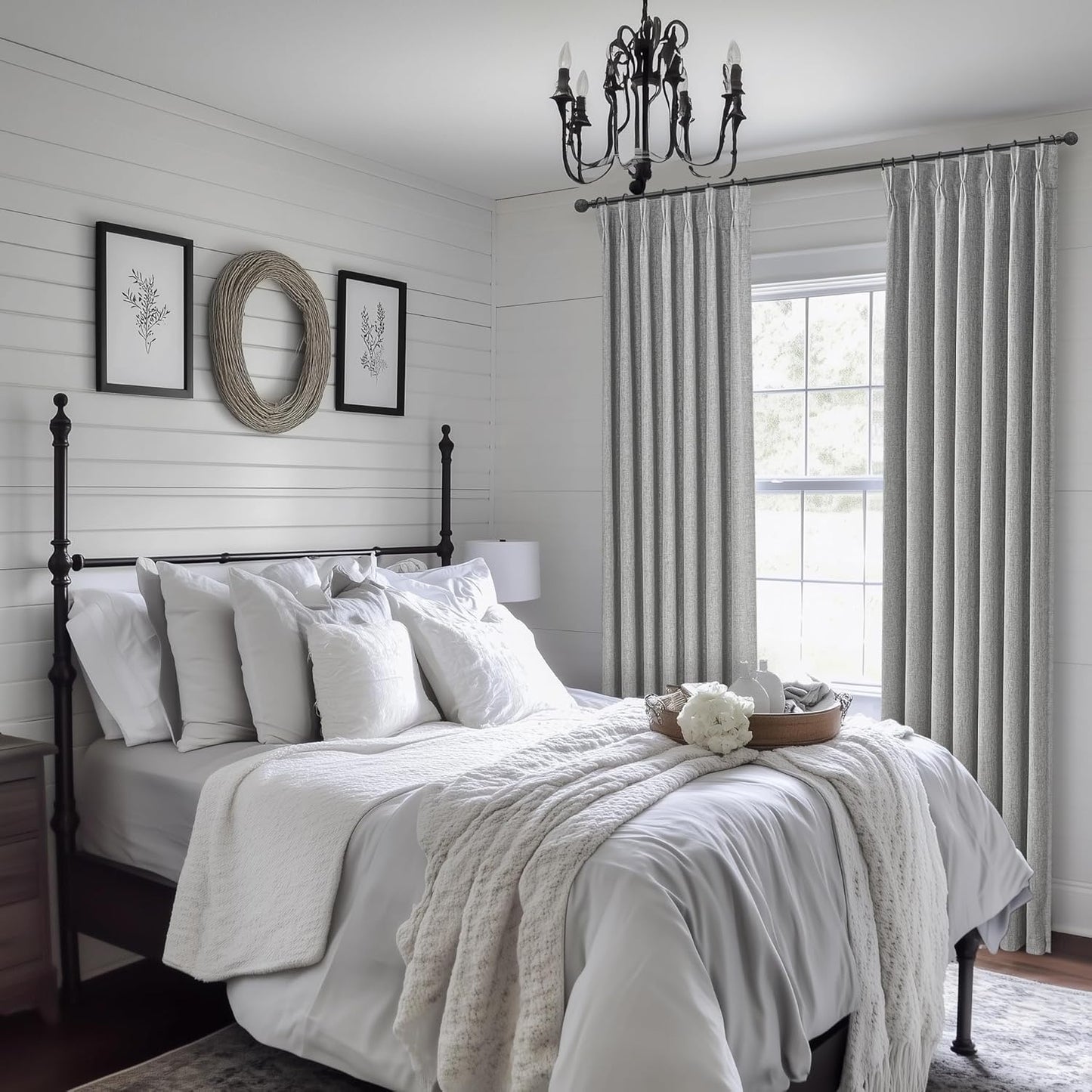 Grey Black Out Curtains 84 Inch Long for Living Room, Pinch Pleated Flax Linen Modern Insulated Drapes with Hooks Back Tab Bedroom Curtain 84 Inch Length 2 Panels Set Soundproof Privacy Windows Burg